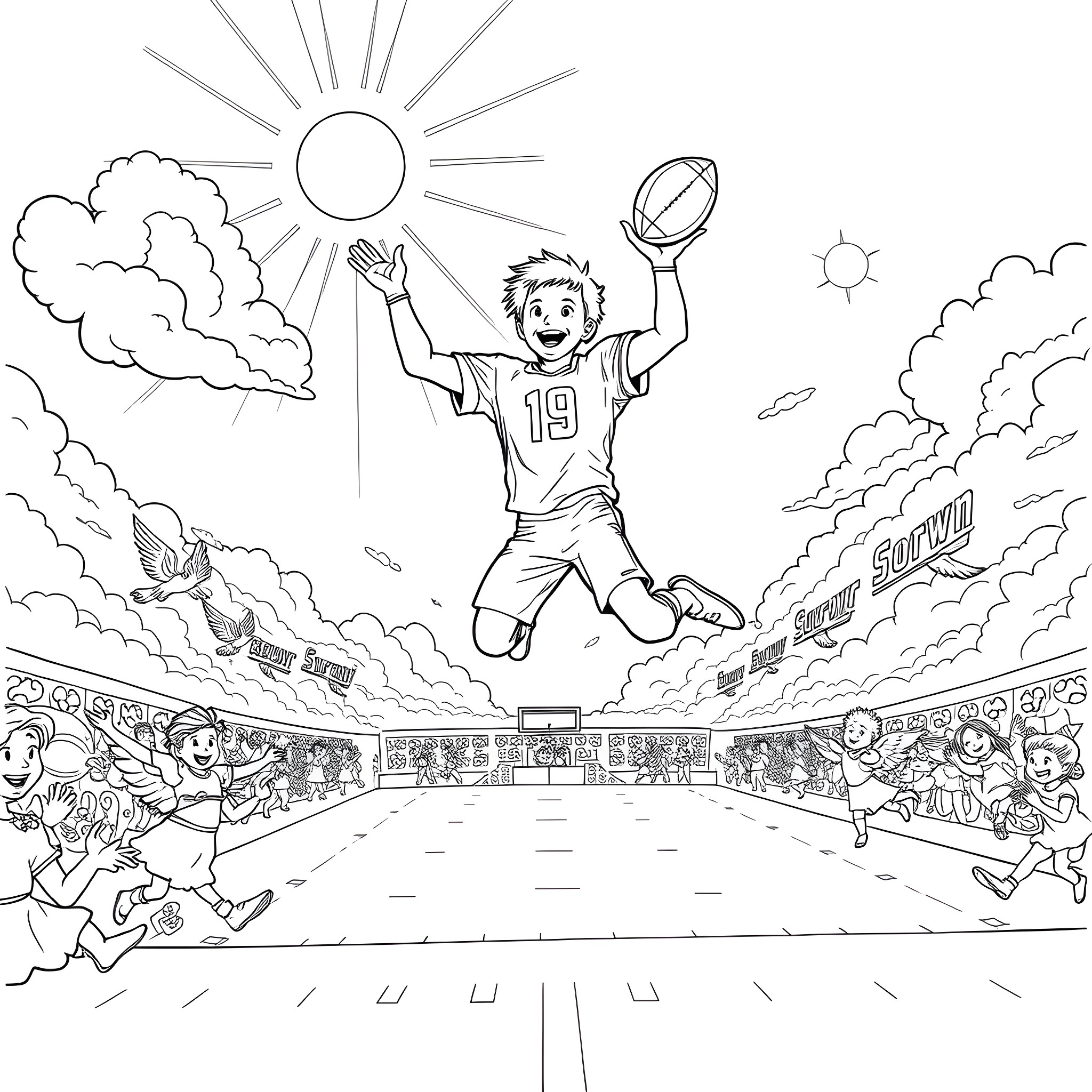 Spencer Webb Triumphantly Leaping in a Football Stadium Coloring Page (free black-and-white line drawing printable PDF for all, from beginners to advanced learners, including children, teens, adults, and seniors)
