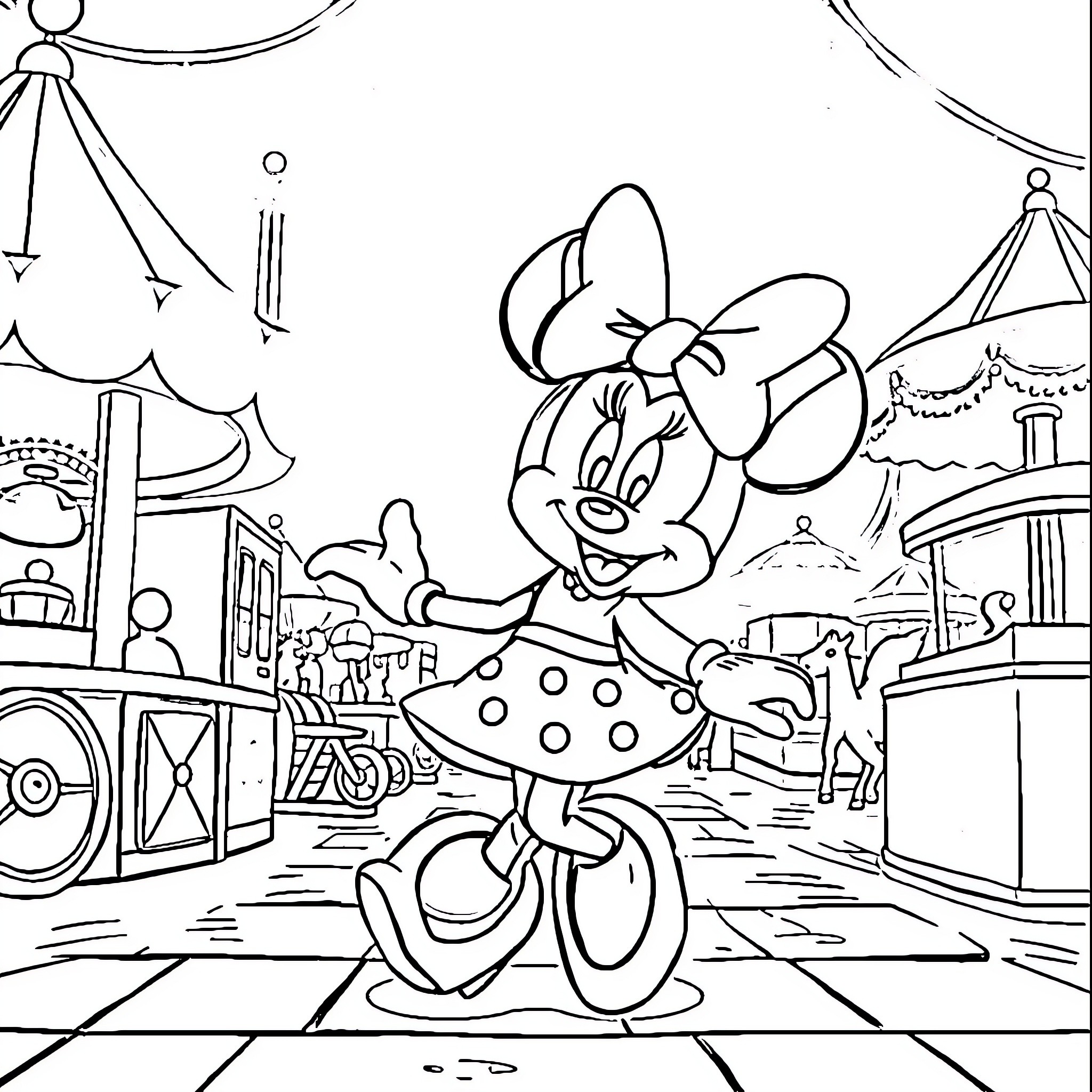Minnie Mouse enjoying a day at the carnival Coloring Page (free black-and-white line drawing printable PDF for all, from beginners to advanced learners, including children, teens, adults, and seniors)