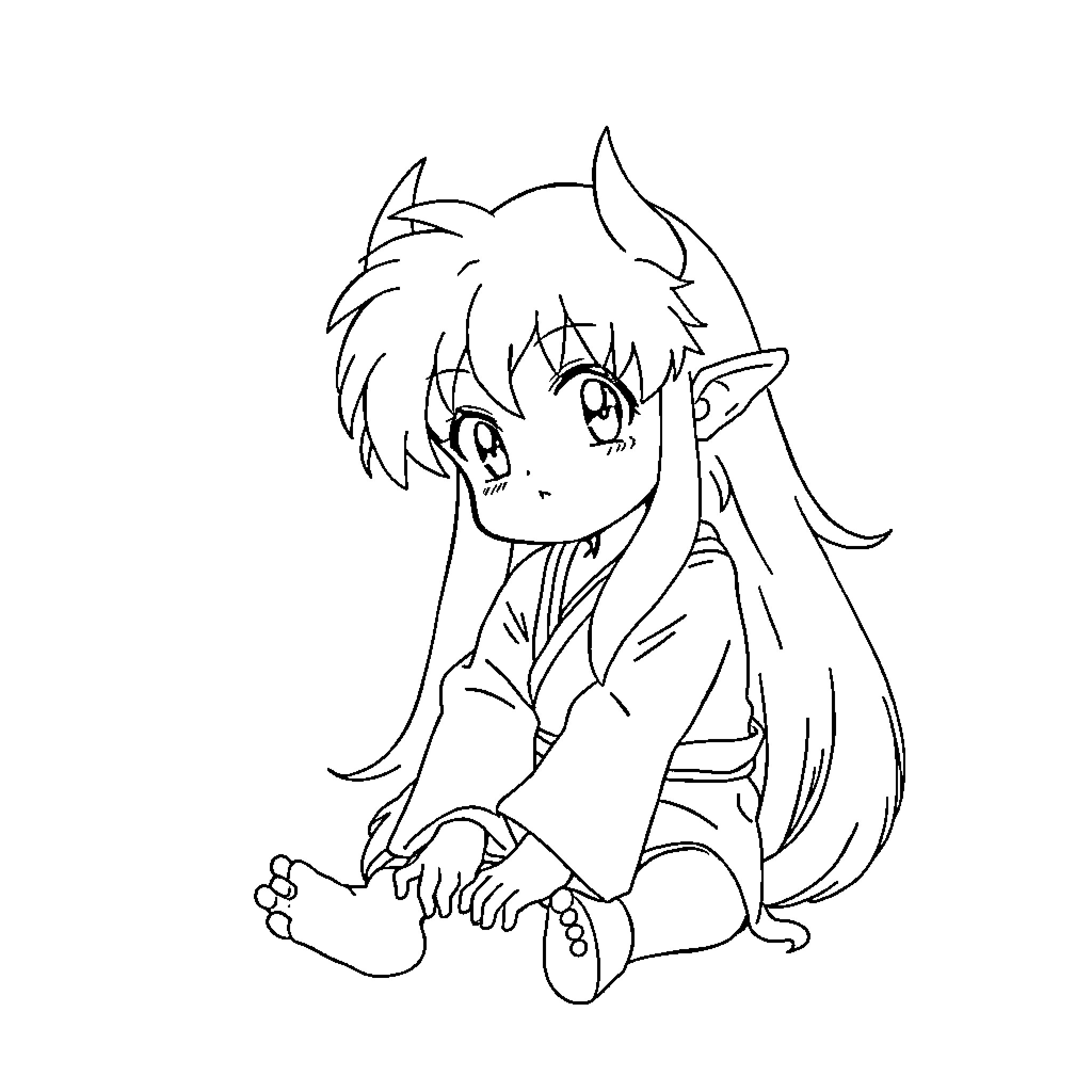 Inuyasha Sitting in Thoughtful Contemplation Coloring Page (free black-and-white line drawing printable PDF for all, from beginners to advanced learners, including children, teens, adults, and seniors)
