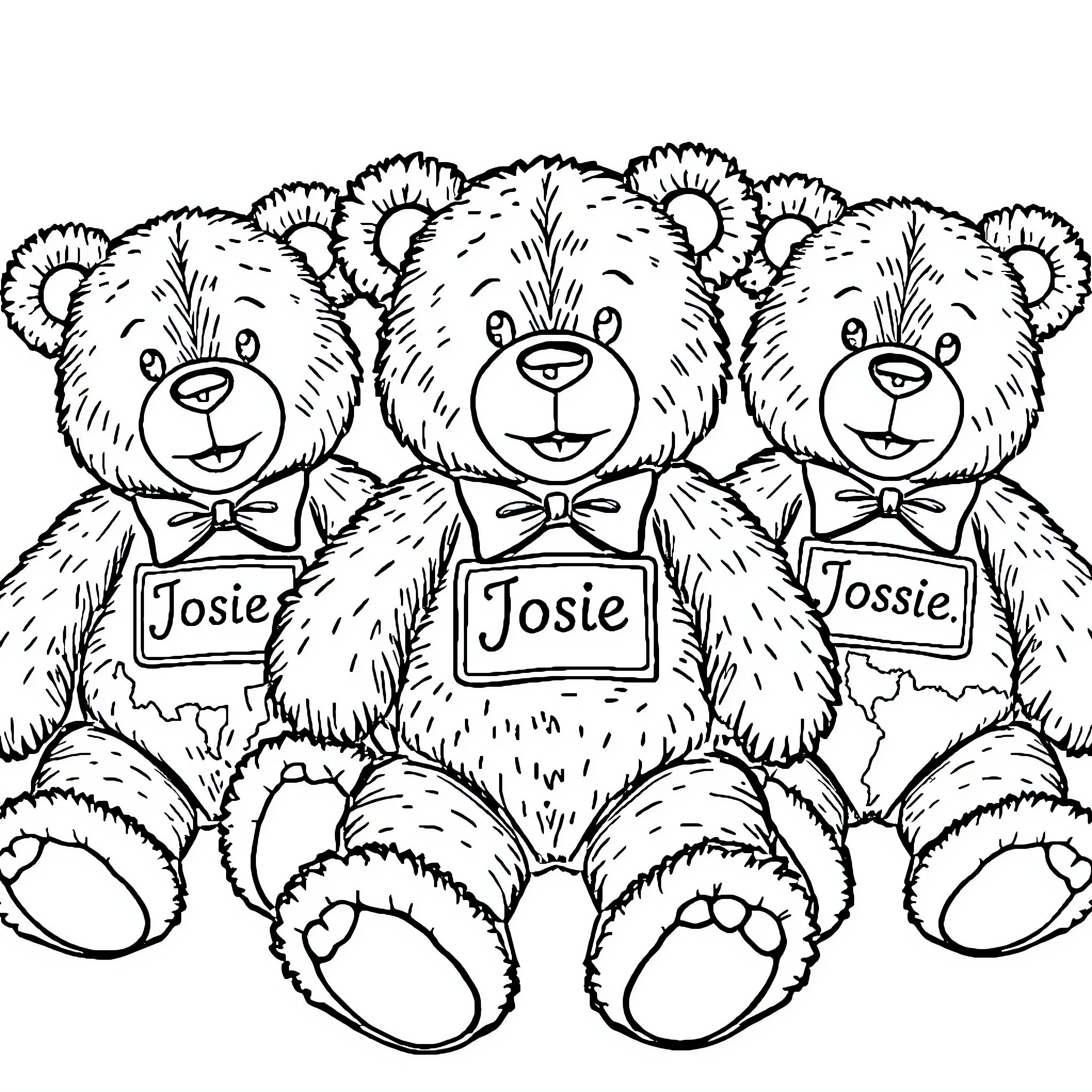 Teddy Bears with Name Tags Sitting Together Coloring Page (free black-and-white line drawing printable PDF for all, from beginners to advanced learners, including children, teens, adults, and seniors)