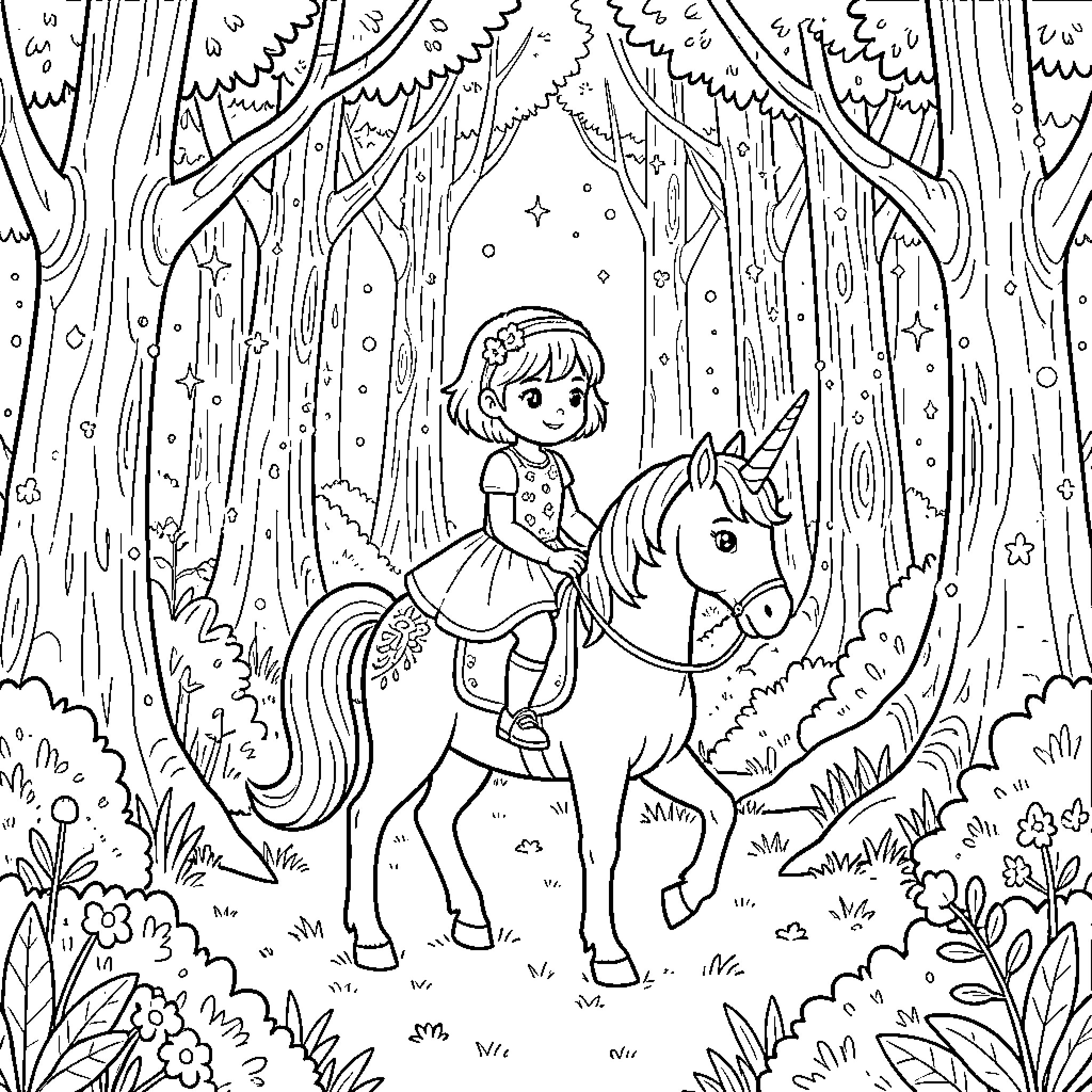 Fille riding a unicorn through a magical forest Coloring Page (free black-and-white line drawing printable PDF for all, from beginners to advanced learners, including children, teens, adults, and seniors)