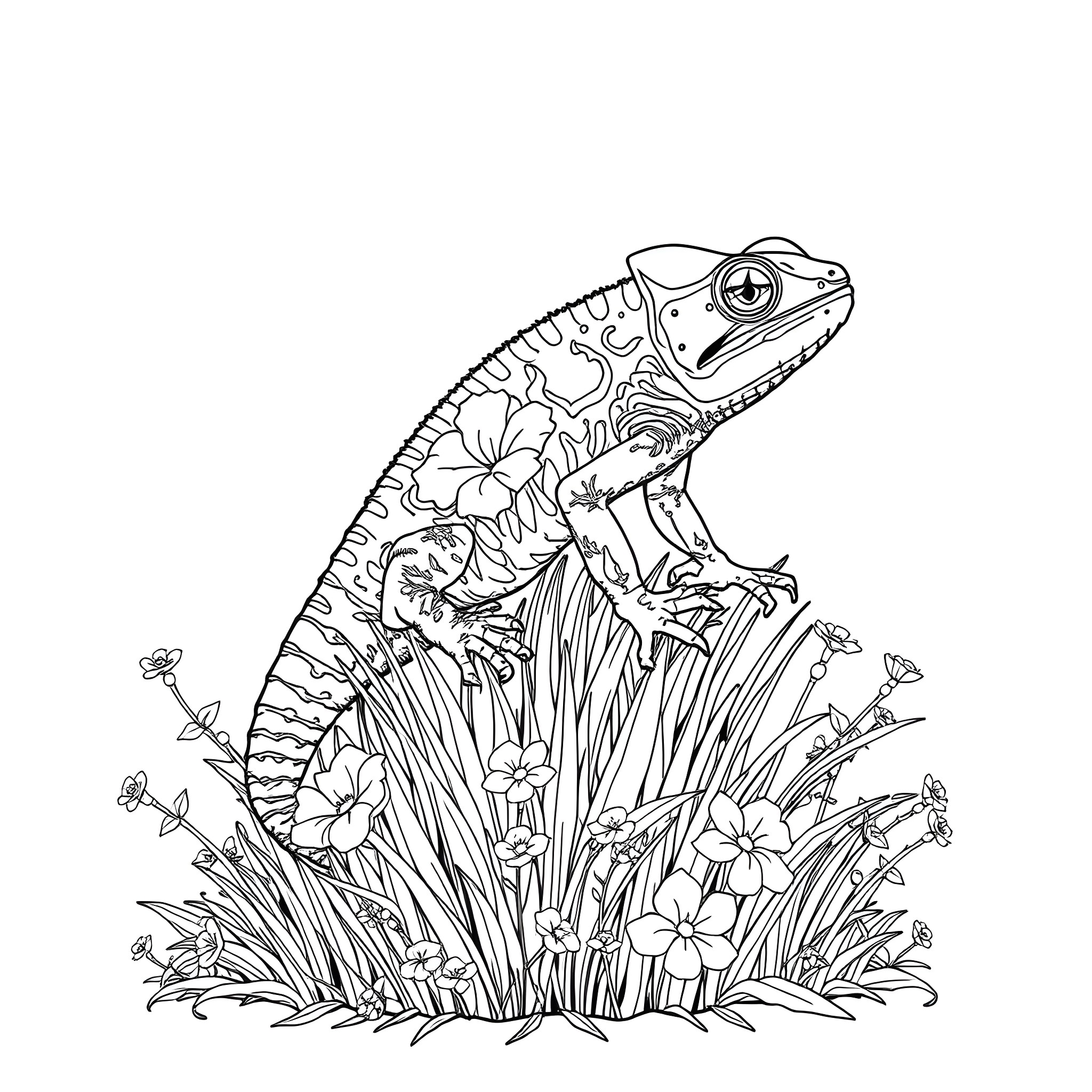 Chameleon amidst floral foliage Coloring Page (free black-and-white line drawing printable PDF for all, from beginners to advanced learners, including children, teens, adults, and seniors)