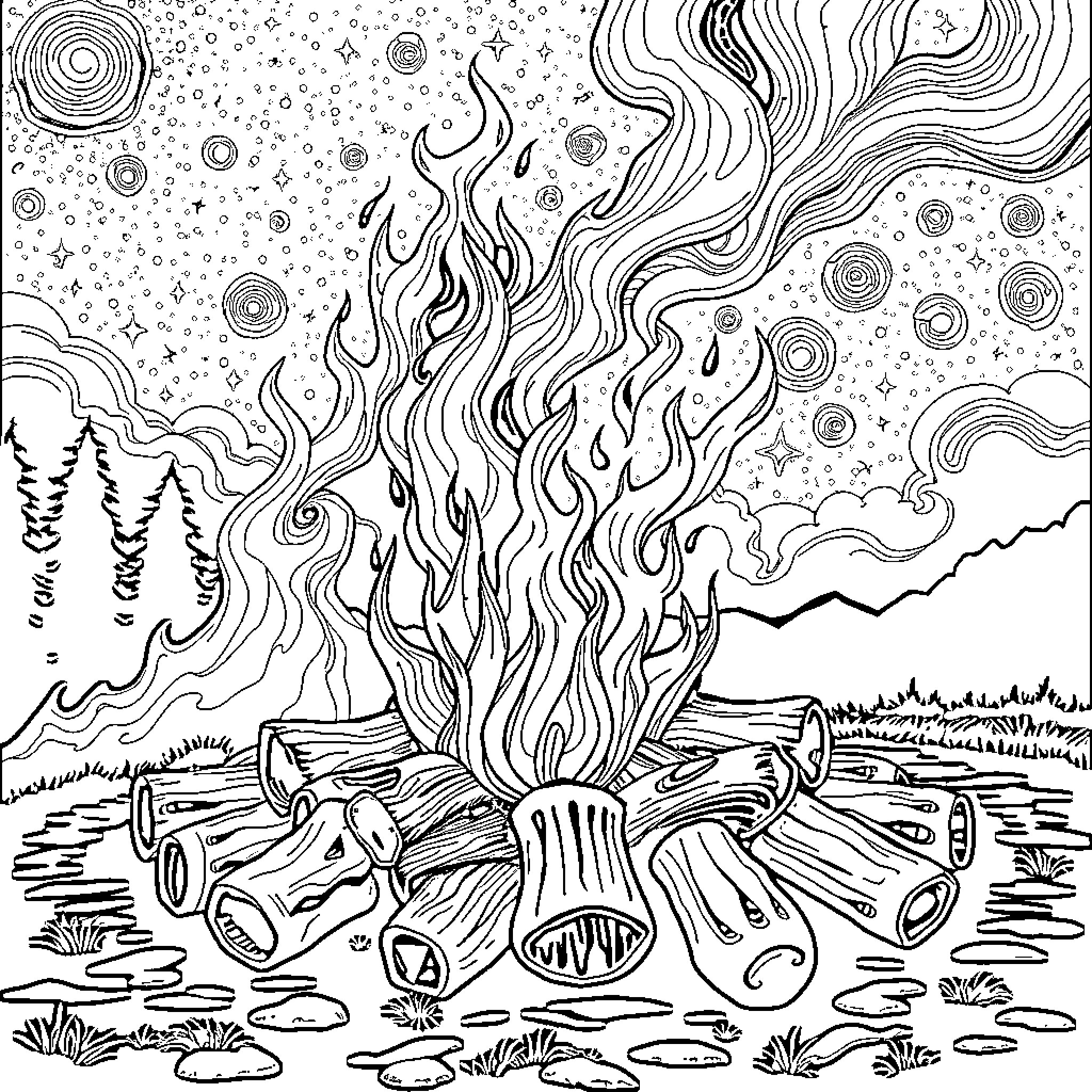 Campfire with Swirling Flames in the Wilderness Coloring Page (free black-and-white line drawing printable PDF for all, from beginners to advanced learners, including children, teens, adults, and seniors)