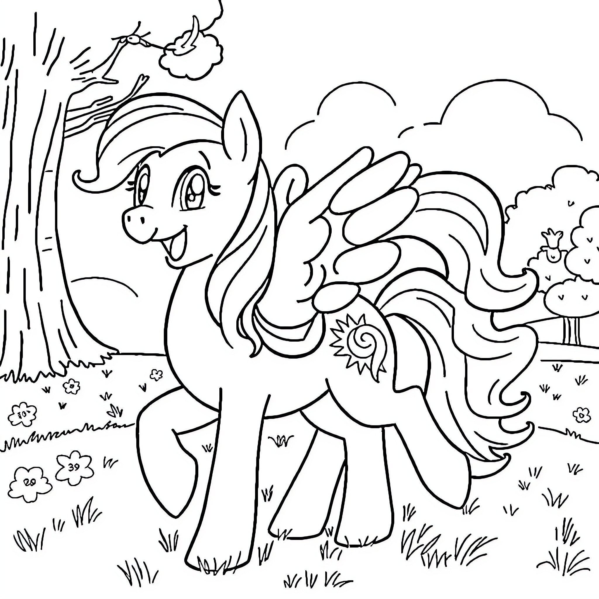 Pony enjoying a sunny day in the meadow Coloring Page (free black-and-white line drawing printable PDF for all, from beginners to advanced learners, including children, teens, adults, and seniors)