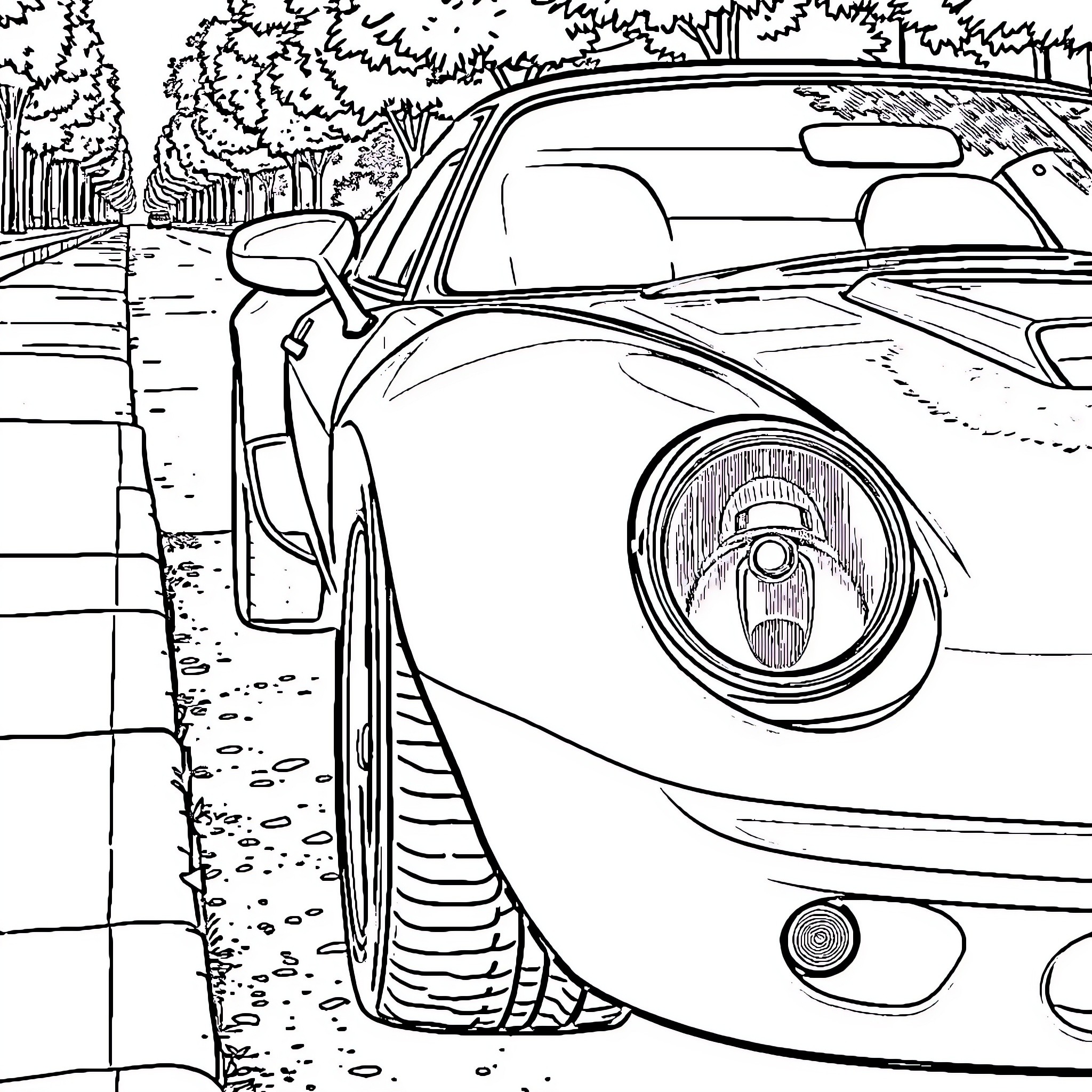 Sports Car Driving on a Scenic Countryside Road Coloring Page (free black-and-white line drawing printable PDF for all, from beginners to advanced learners, including children, teens, adults, and seniors)