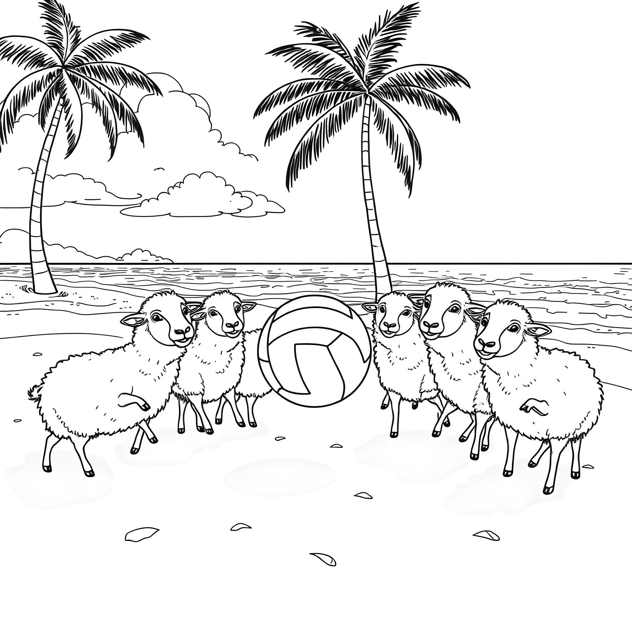 Sheep playing beach volleyball on a tropical island Coloring Page (free black-and-white line drawing printable PDF for all, from beginners to advanced learners, including children, teens, adults, and seniors)