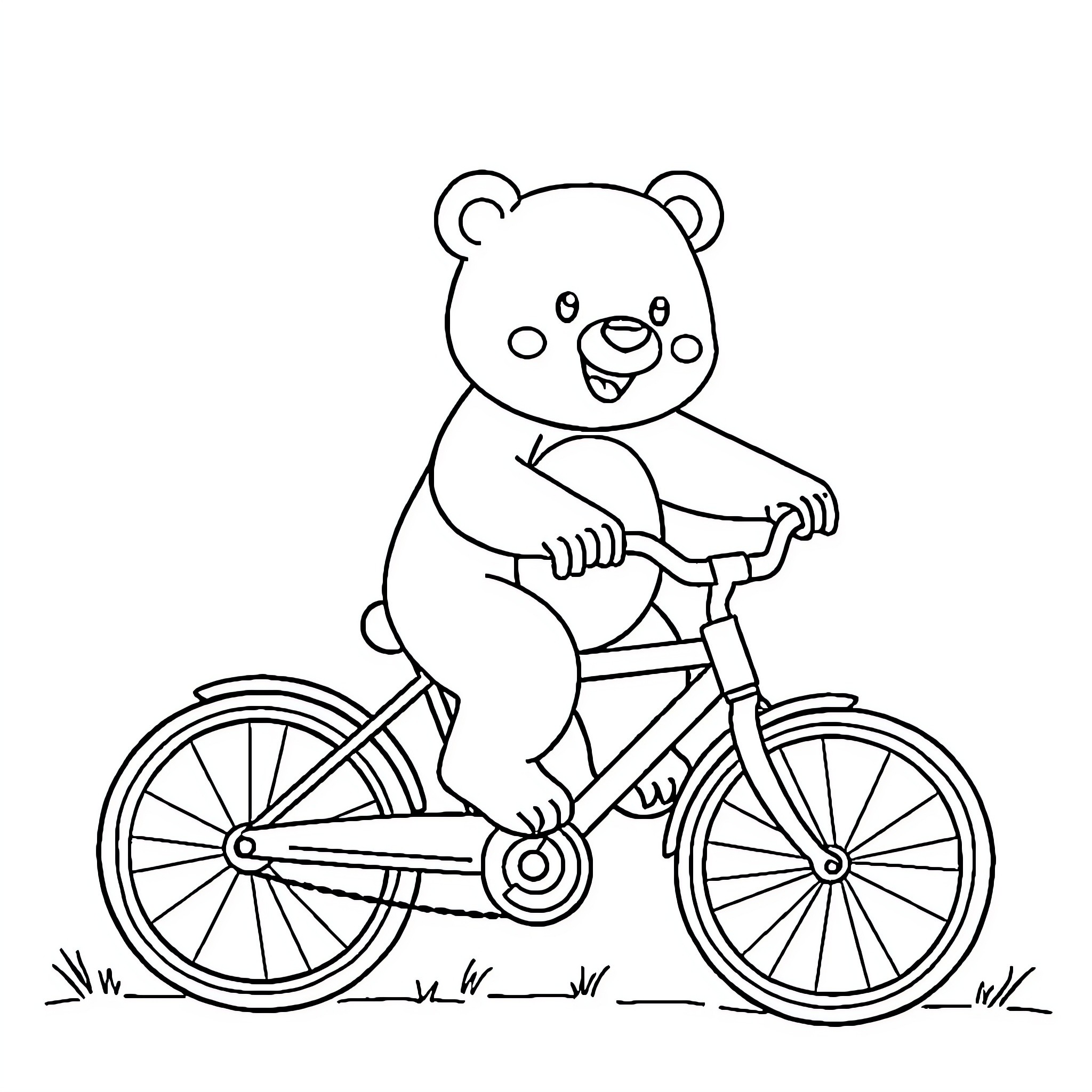 Bear riding a bicycle happily Coloring Page (free black-and-white line drawing printable PDF for all, from beginners to advanced learners, including children, teens, adults, and seniors)