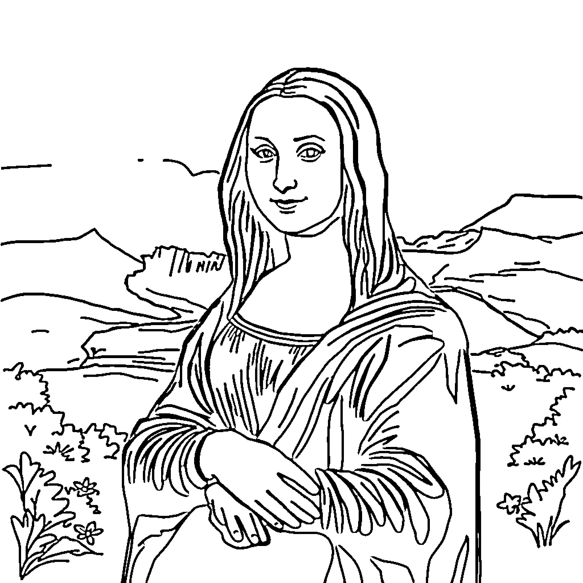 Mona Lisa Contemplating the Landscape Coloring Page (free black-and-white line drawing printable PDF for all, from beginners to advanced learners, including children, teens, adults, and seniors)