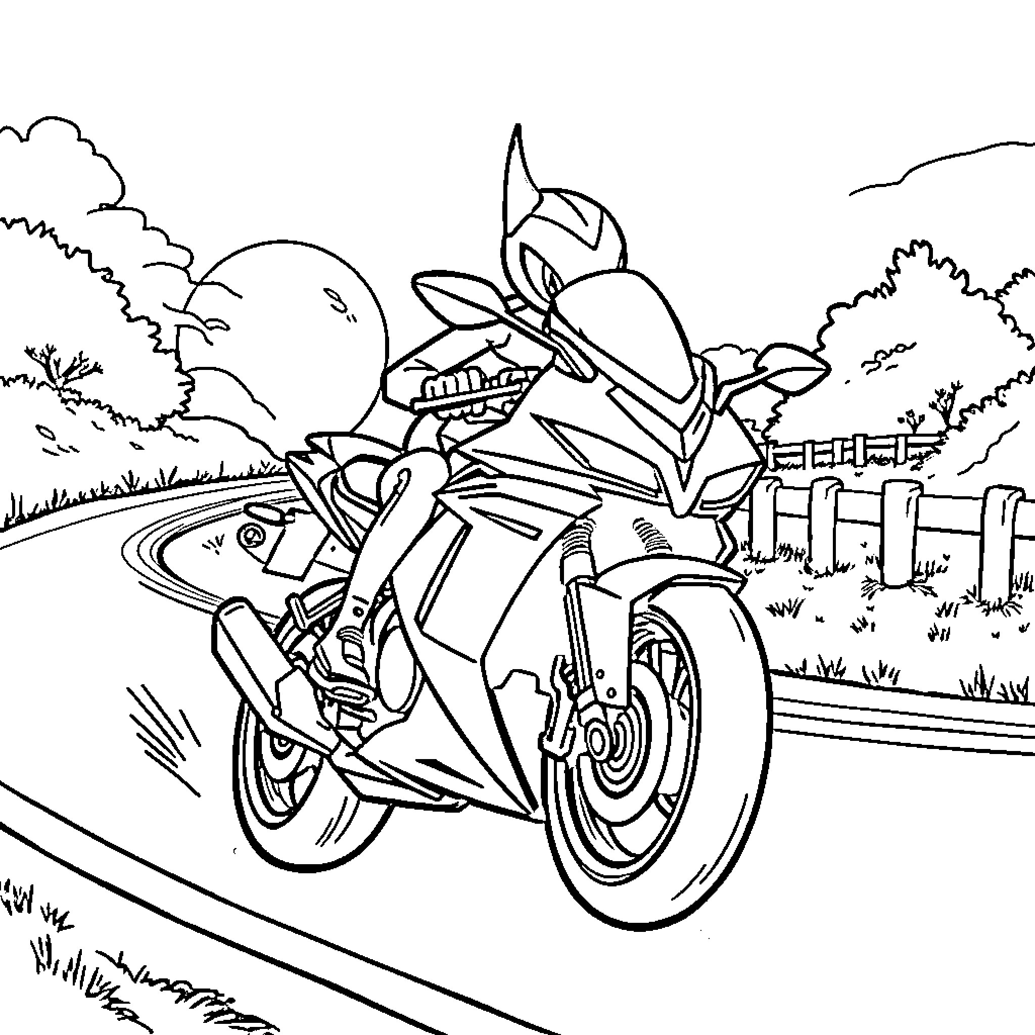Mewtwo riding a futuristic motorcycle on a country road Coloring Page (free black-and-white line drawing printable PDF for all, from beginners to advanced learners, including children, teens, adults, and seniors)