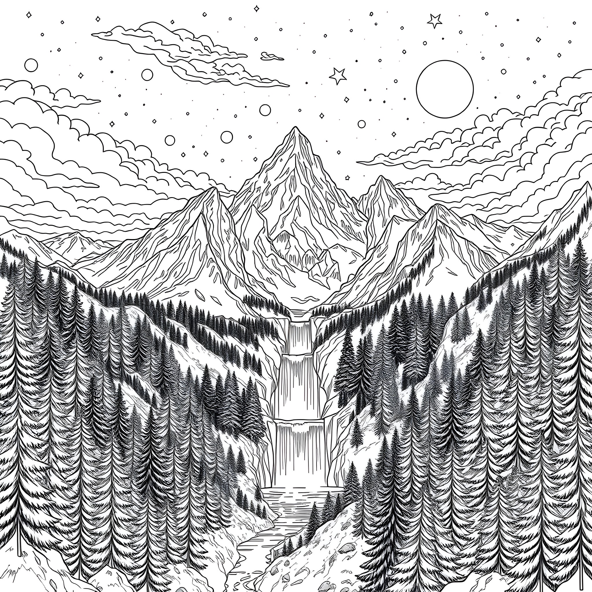 Nature's Majestic Mountain Landscape Coloring Page (free black-and-white line drawing printable PDF for all, from beginners to advanced learners, including children, teens, adults, and seniors)