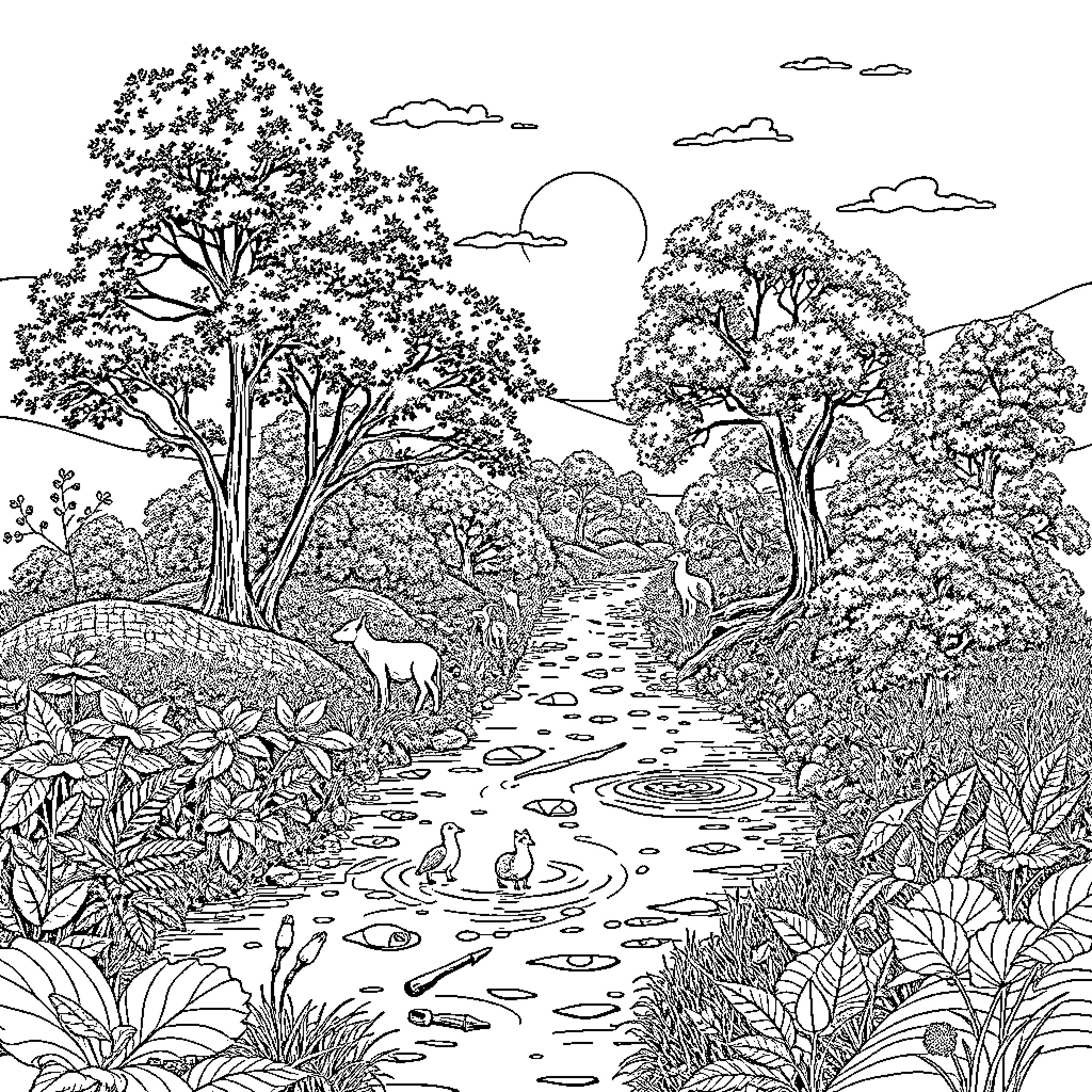 Landscape with a Peaceful Forest Path Coloring Page (free black-and-white line drawing printable PDF for all, from beginners to advanced learners, including children, teens, adults, and seniors)