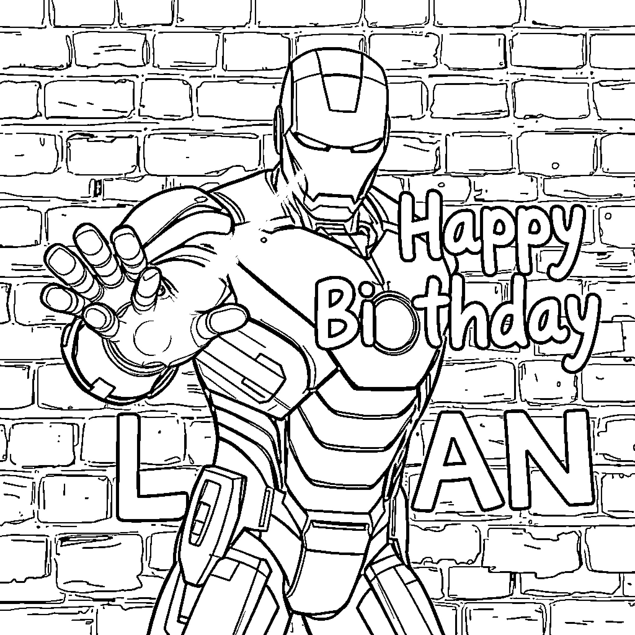 Ironman Wishing Happy Birthday to Fan Coloring Page (free black-and-white line drawing printable PDF for all, from beginners to advanced learners, including children, teens, adults, and seniors)