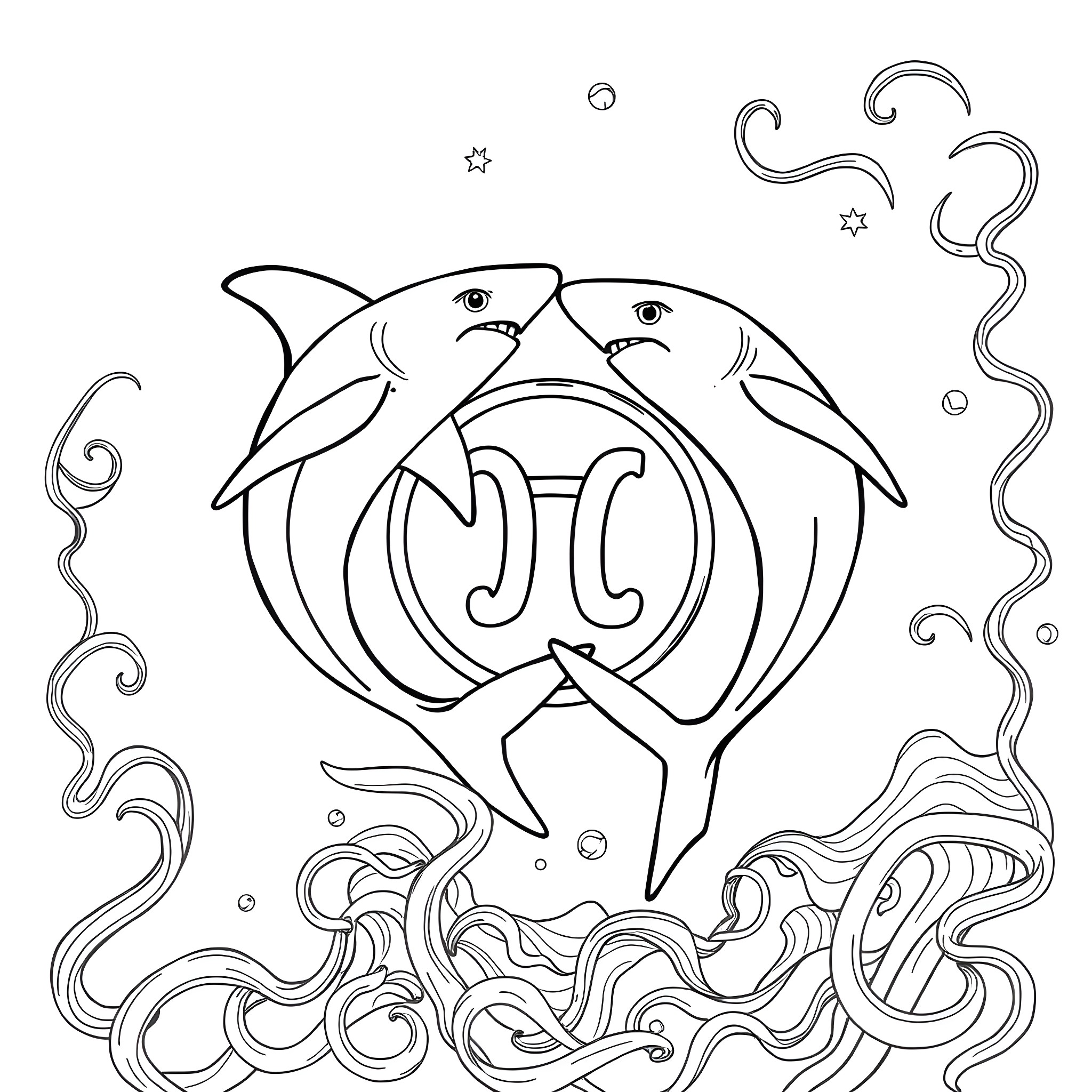 Shark swimming among abstract waves and shapes Coloring Page (free black-and-white line drawing printable PDF for all, from beginners to advanced learners, including children, teens, adults, and seniors)
