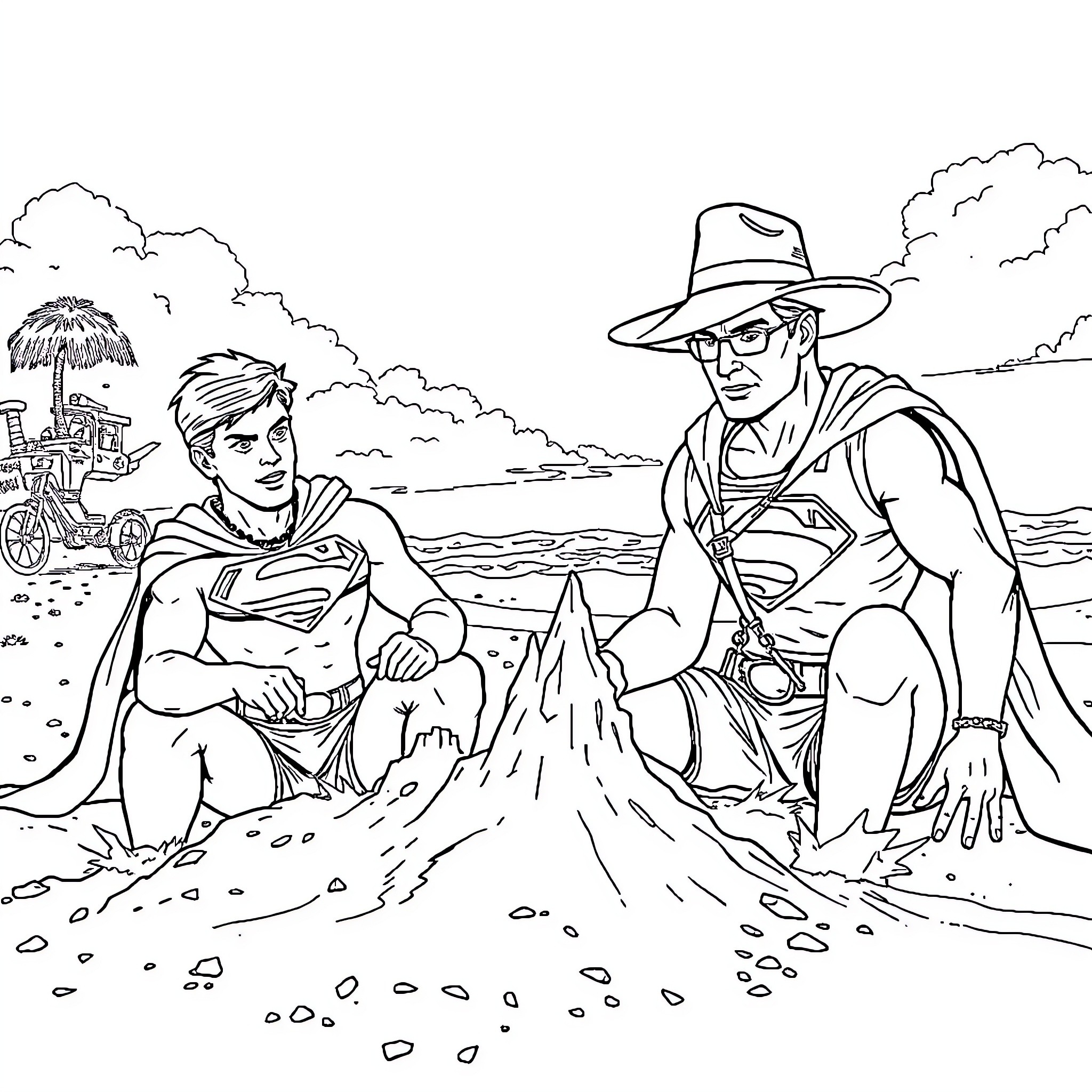 Superman and Cowboy Journey Through the Desert Coloring Page (free black-and-white line drawing printable PDF for all, from beginners to advanced learners, including children, teens, adults, and seniors)