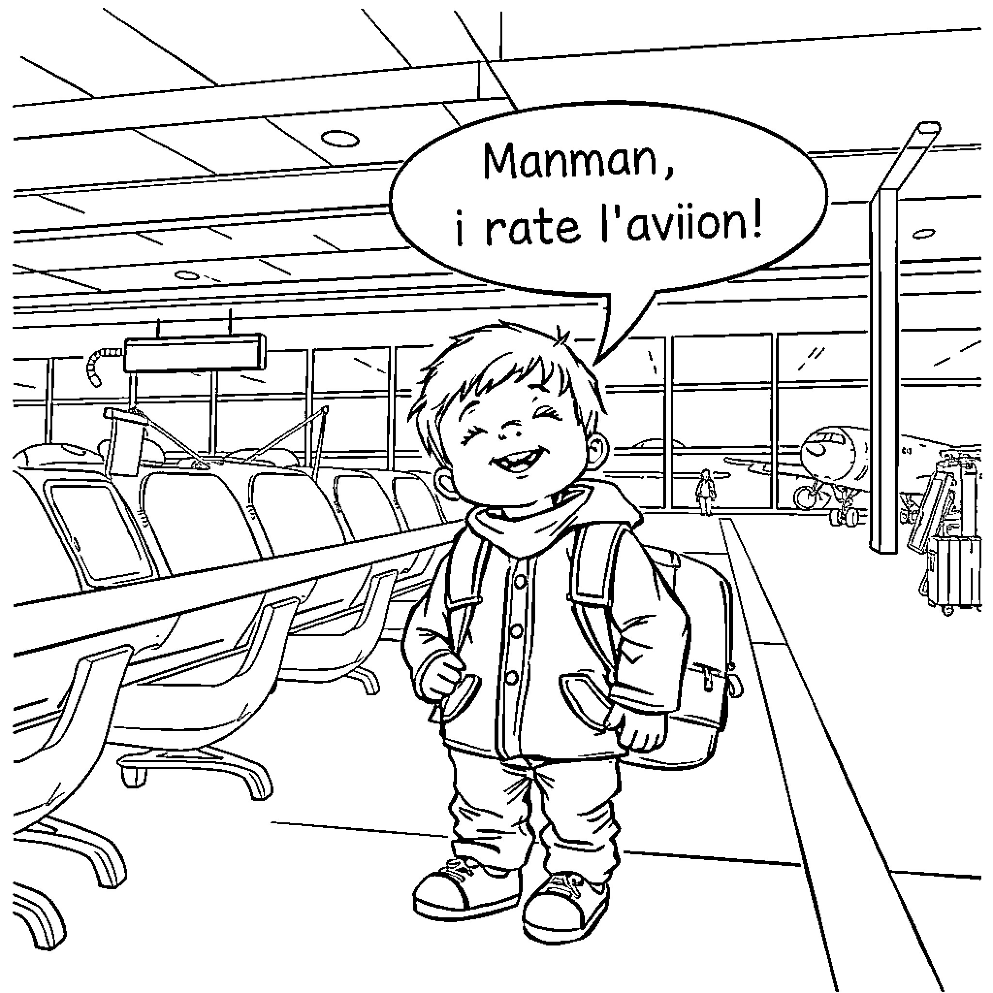Home Alone Boy Excitedly Exploring Airport Coloring Page (free black-and-white line drawing printable PDF for all, from beginners to advanced learners, including children, teens, adults, and seniors)
