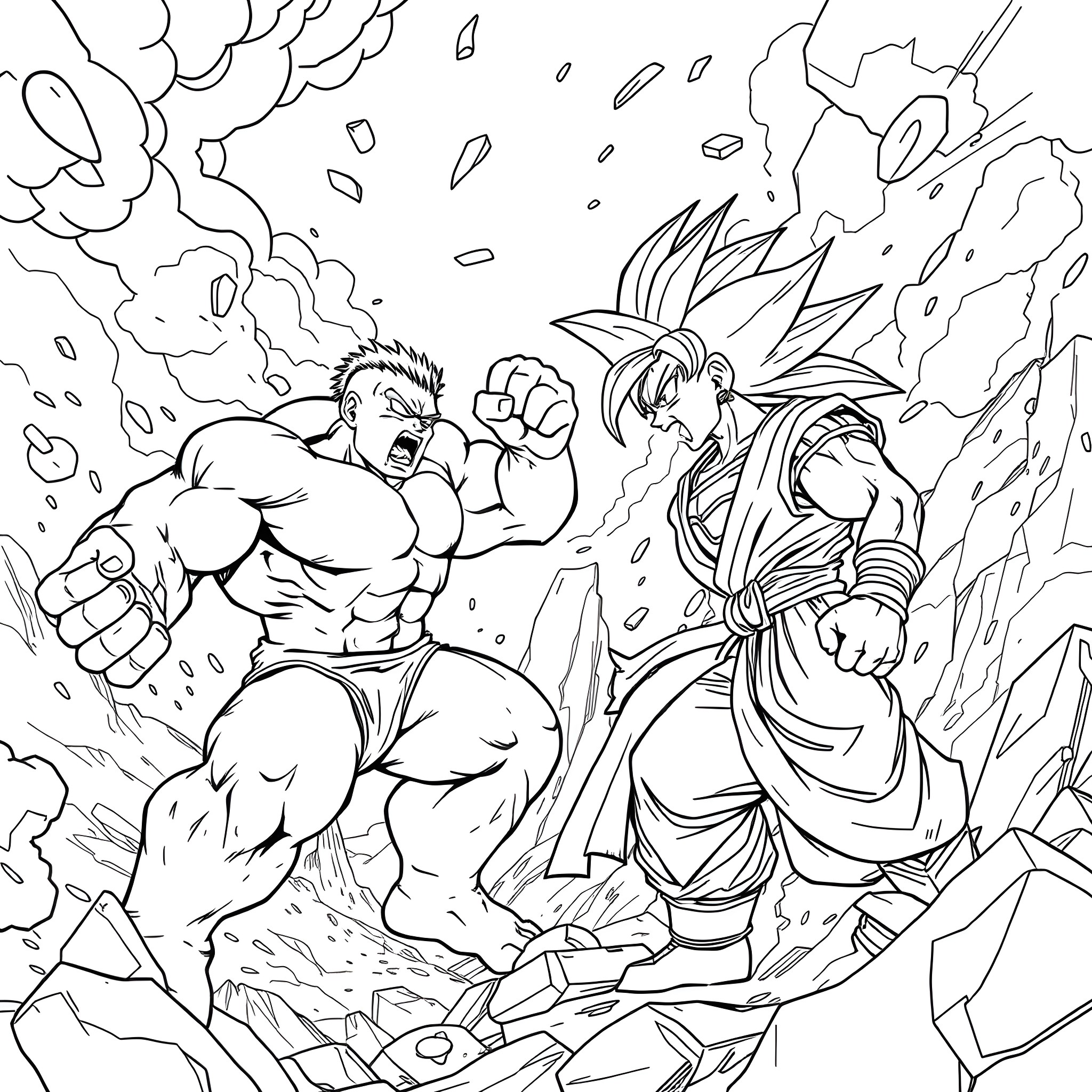 Hulk and Warrior Clash in Intense Battle Coloring Page (free black-and-white line drawing printable PDF for all, from beginners to advanced learners, including children, teens, adults, and seniors)