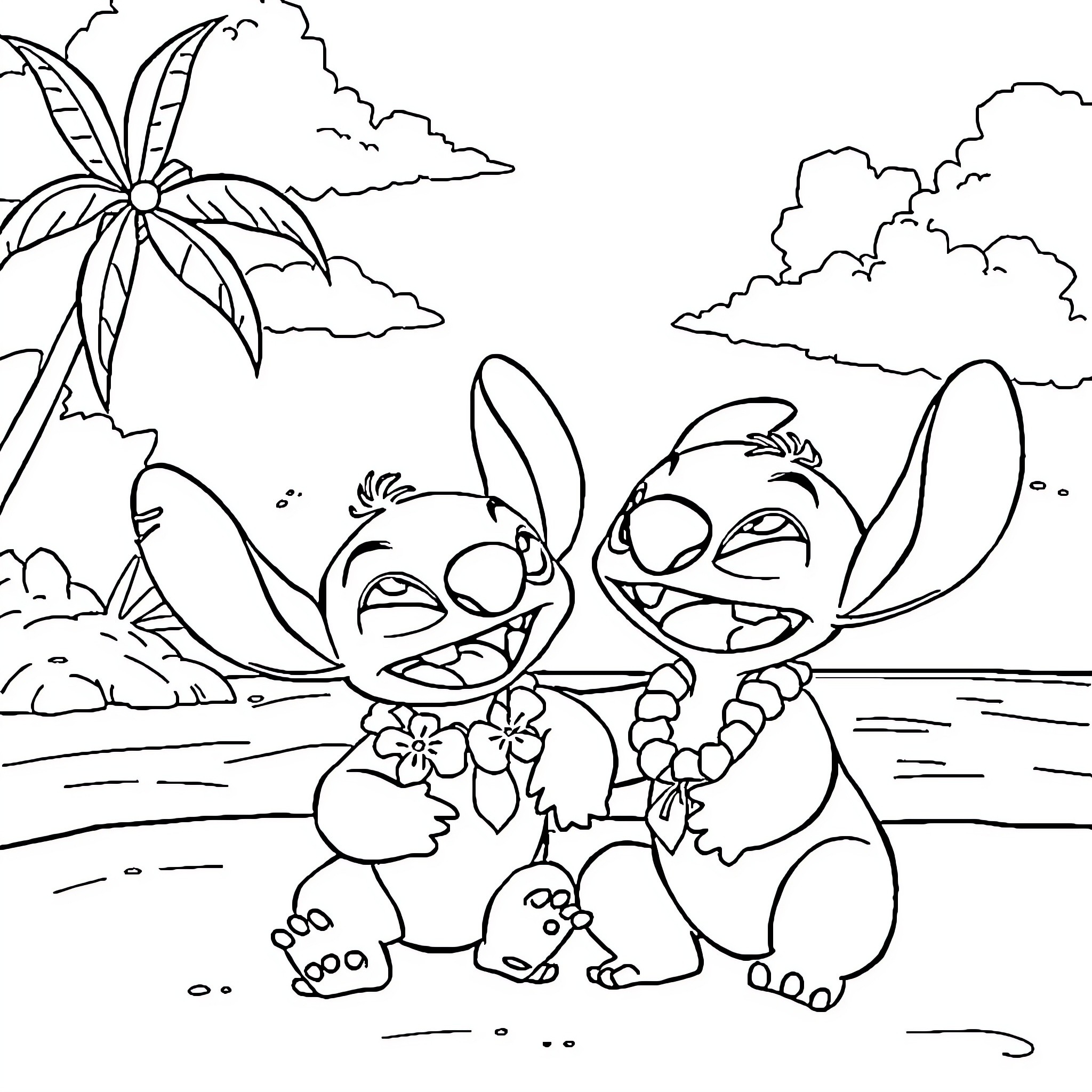 Lilo And Stitch Playing Happily on the Beach Coloring Page (free black-and-white line drawing printable PDF for all, from beginners to advanced learners, including children, teens, adults, and seniors)