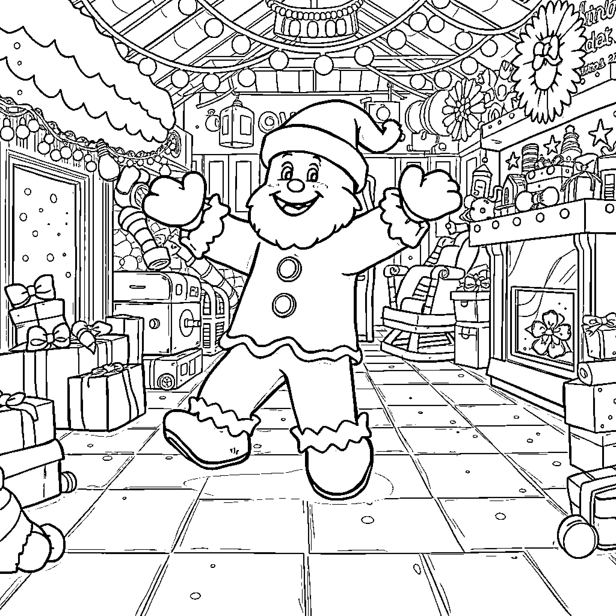 Gingerbread Man Dancing in Festive Christmas Scene Coloring Page (free black-and-white line drawing printable PDF for all, from beginners to advanced learners, including children, teens, adults, and seniors)