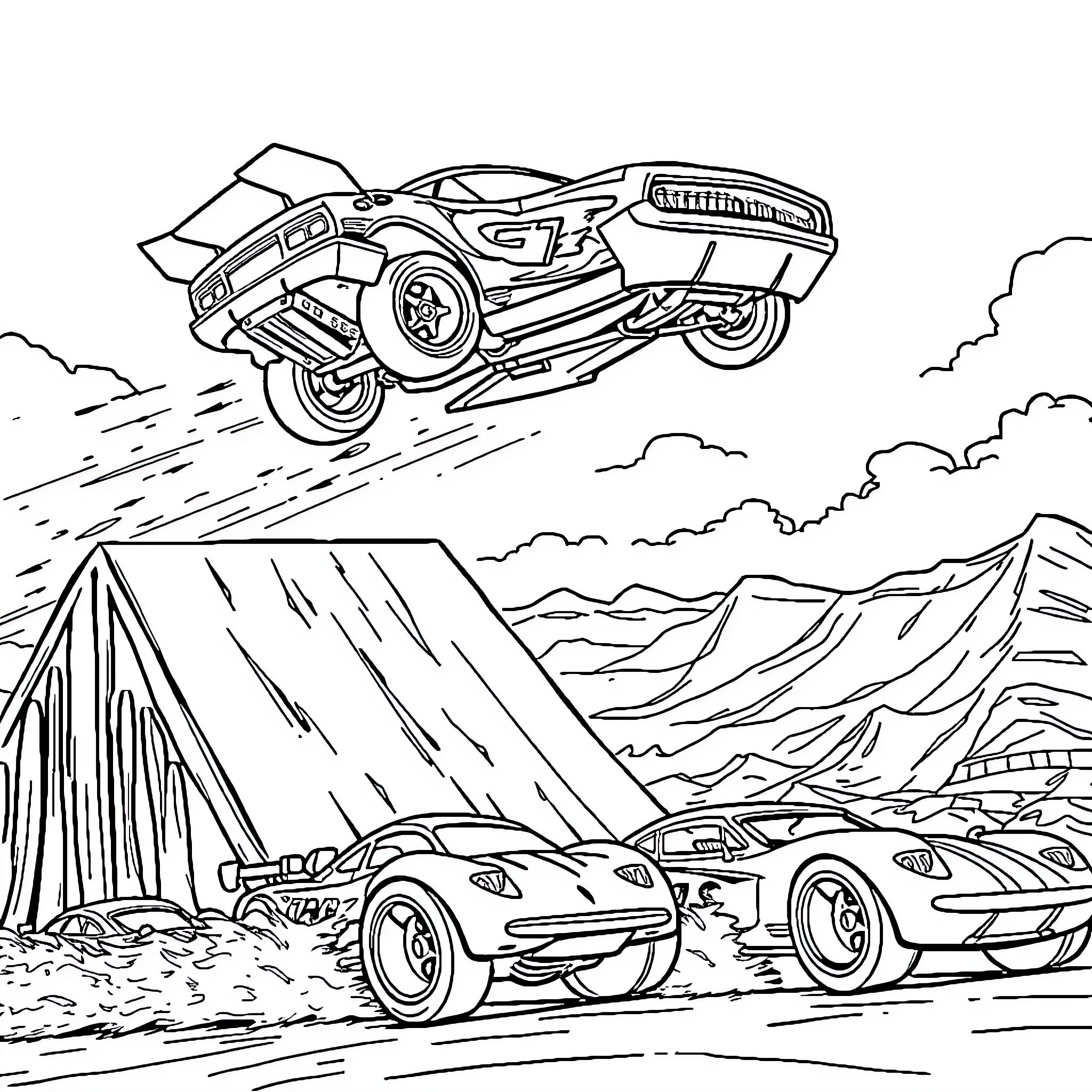 Hotwheel cars racing in off-road adventure Coloring Page (free black-and-white line drawing printable PDF for all, from beginners to advanced learners, including children, teens, adults, and seniors)