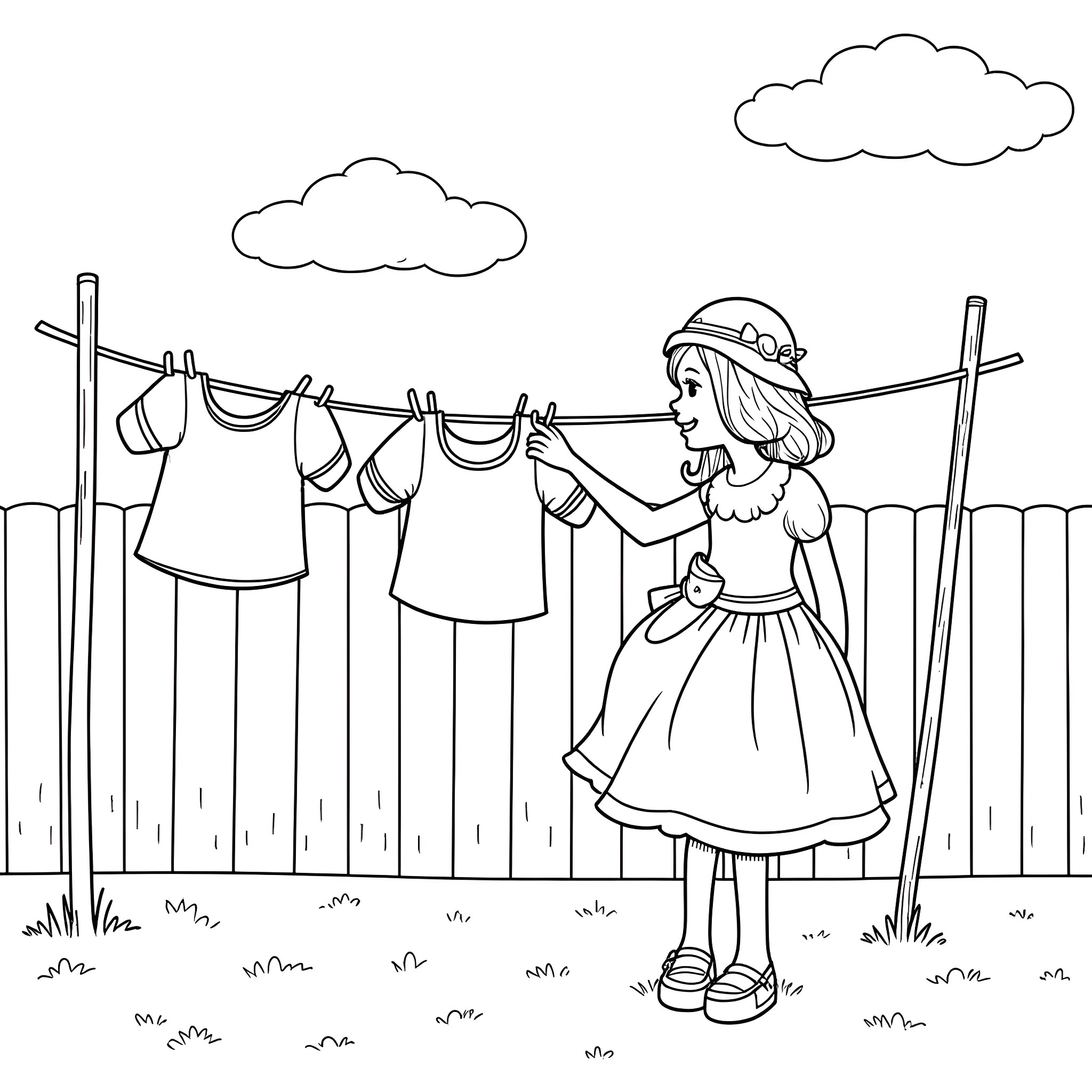 Sunbonnet Sue hanging clothes on the clothesline Coloring Page (free black-and-white line drawing printable PDF for all, from beginners to advanced learners, including children, teens, adults, and seniors)