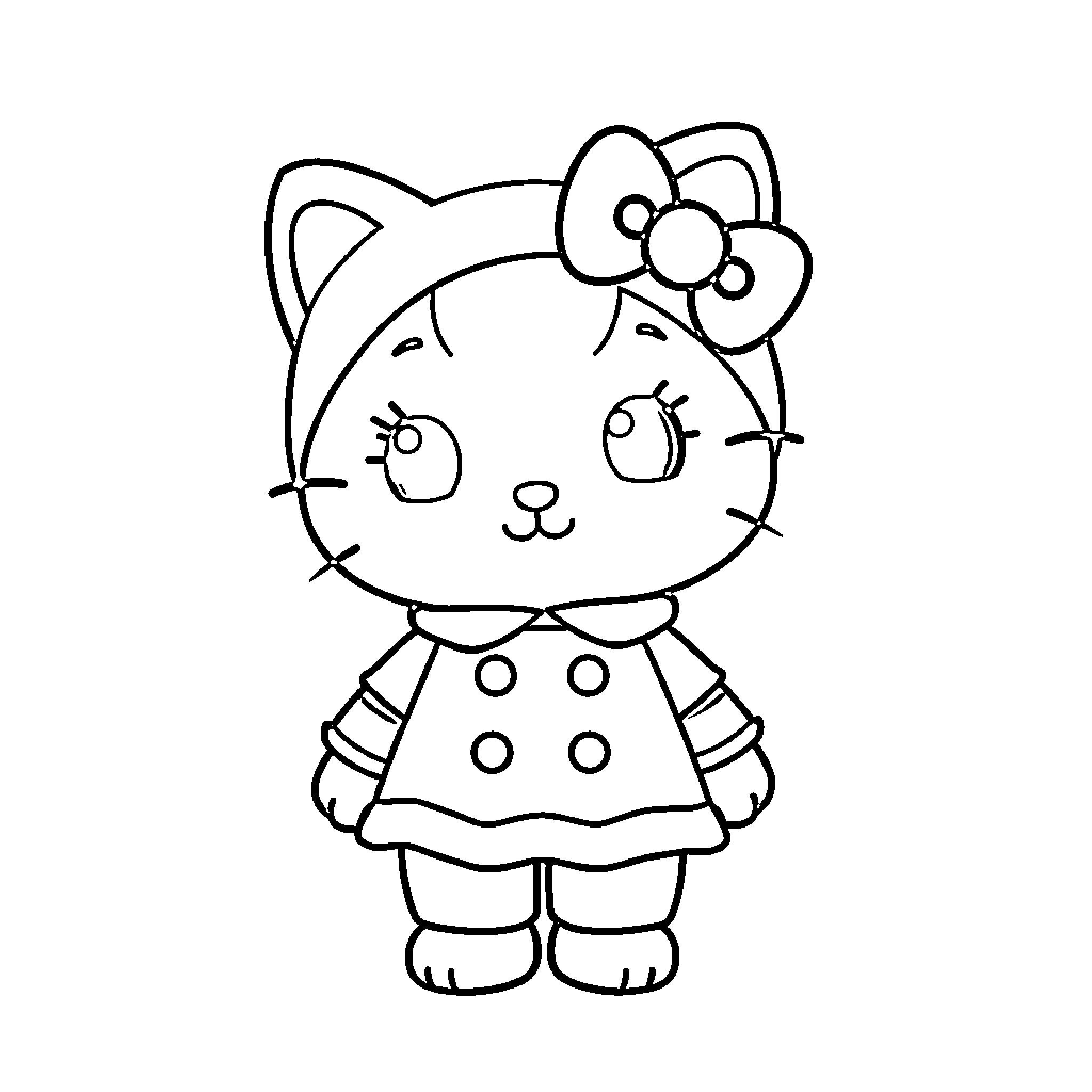 Hello Kitty in a polka dot dress Coloring Page (free black-and-white line drawing printable PDF for all, from beginners to advanced learners, including children, teens, adults, and seniors)