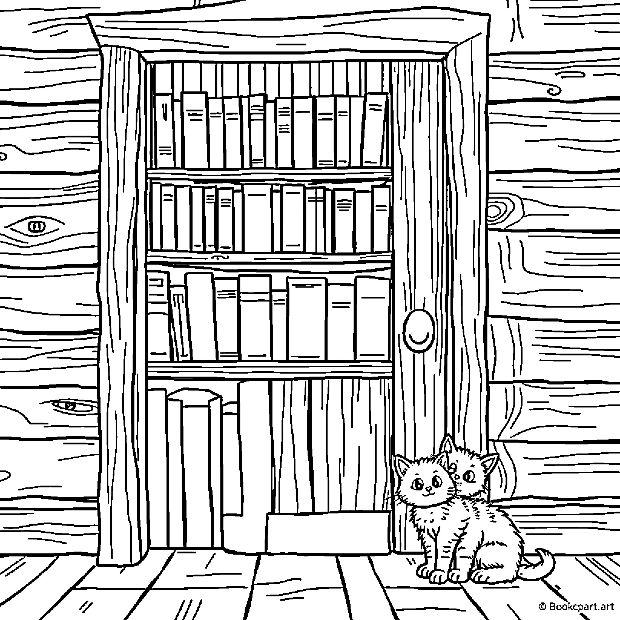 Cat Exploring Cozy Bookshelf Coloring Page (free black-and-white line drawing printable PDF for all, from beginners to advanced learners, including children, teens, adults, and seniors)