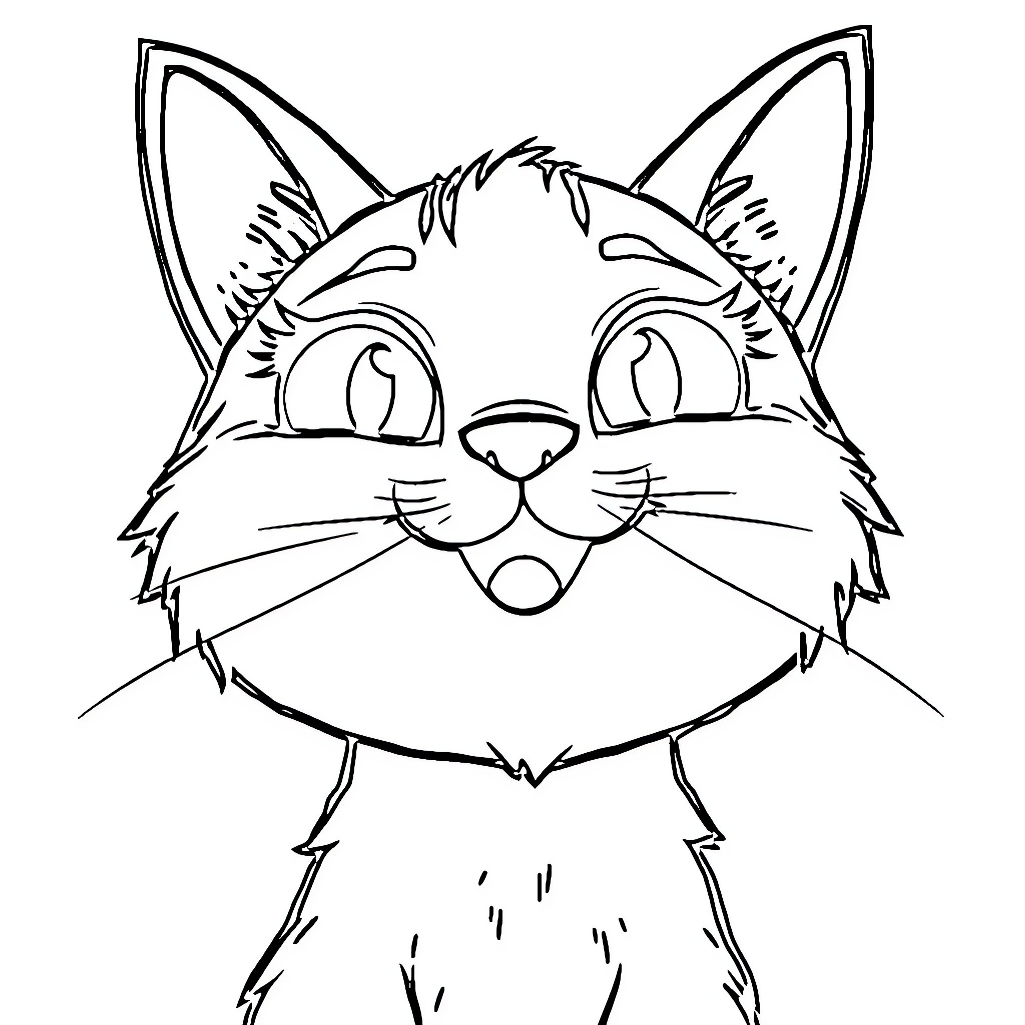 Cat with expressive face and large ears Coloring Page (free black-and-white line drawing printable PDF for all, from beginners to advanced learners, including children, teens, adults, and seniors)