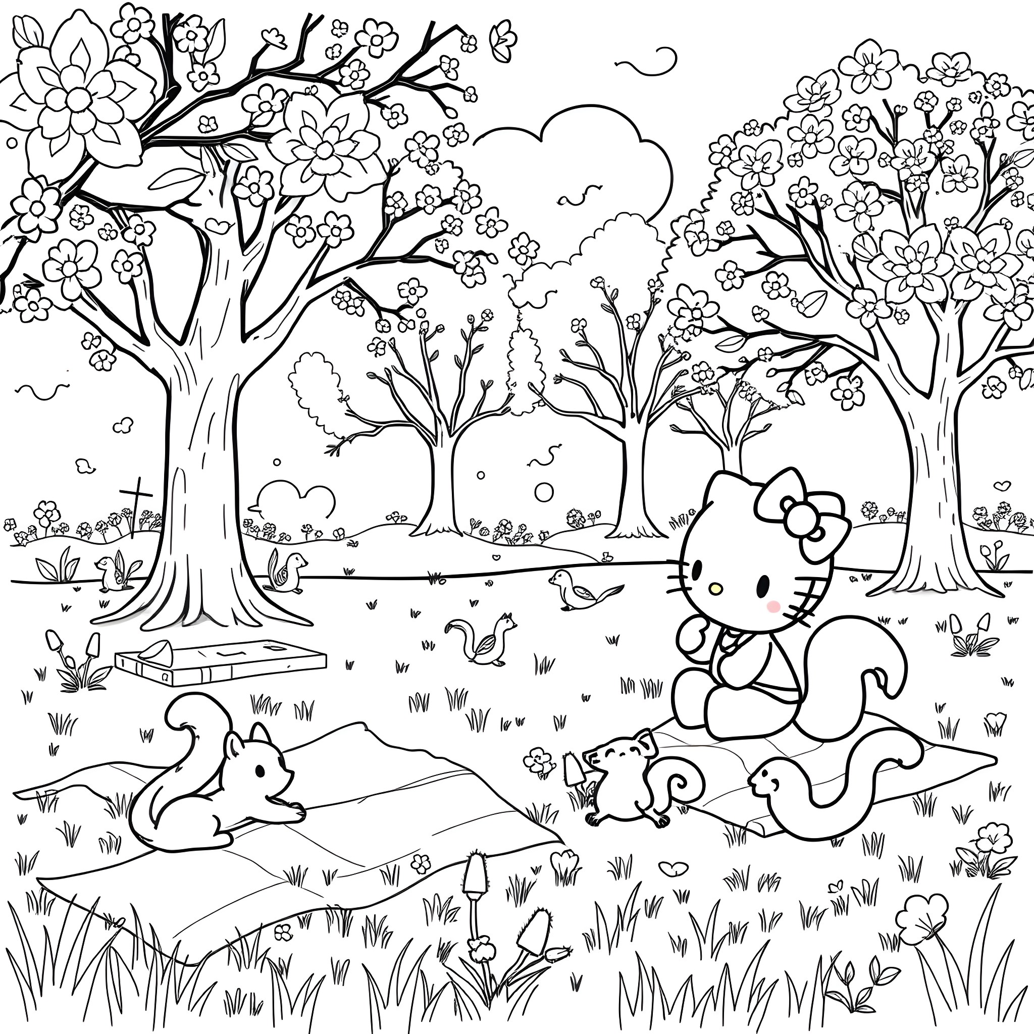 Kuromi's Tranquil Forest Getaway Coloring Page (free black-and-white line drawing printable PDF for all, from beginners to advanced learners, including children, teens, adults, and seniors)