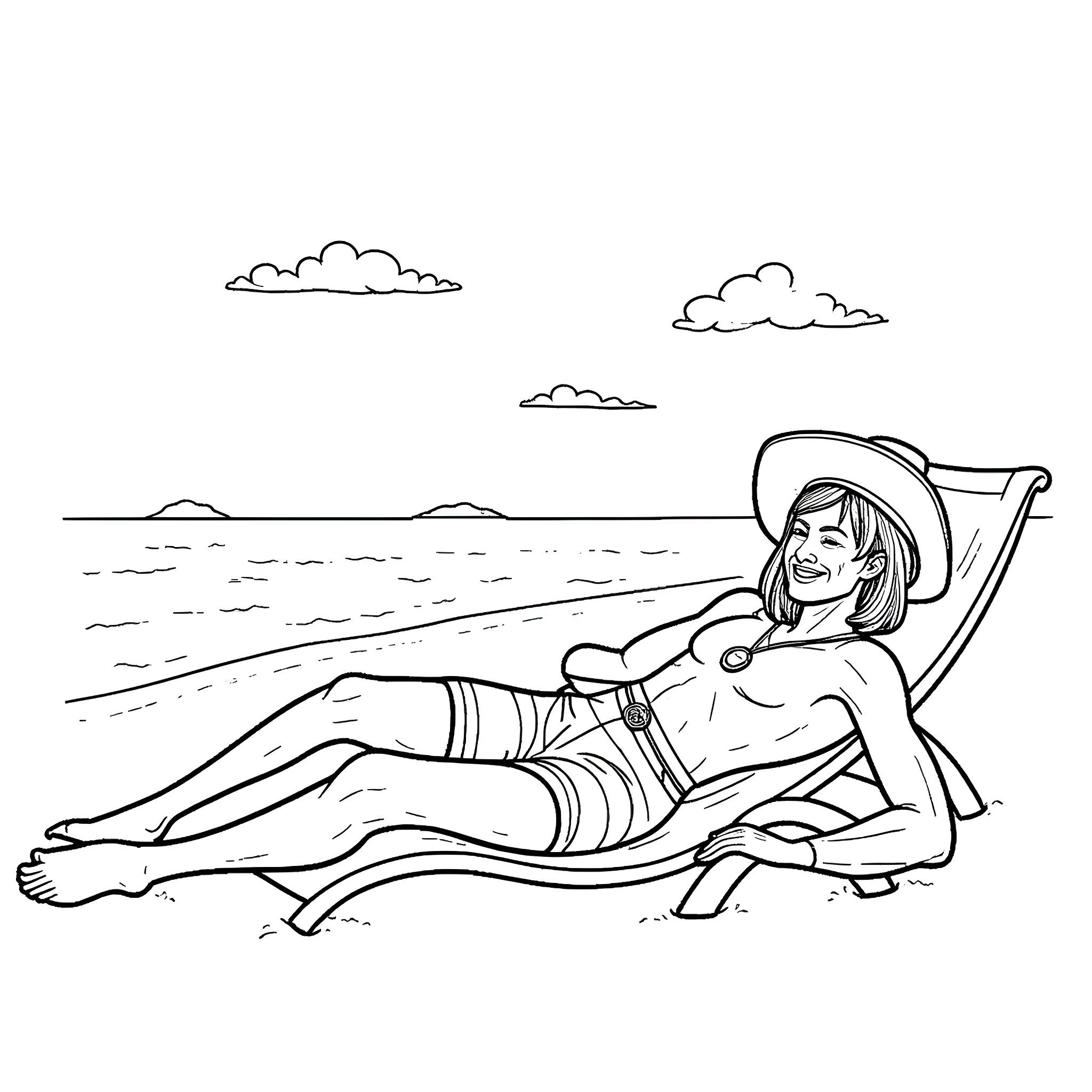 Captain Morgan relaxing on the beach Coloring Page (free black-and-white line drawing printable PDF for all, from beginners to advanced learners, including children, teens, adults, and seniors)