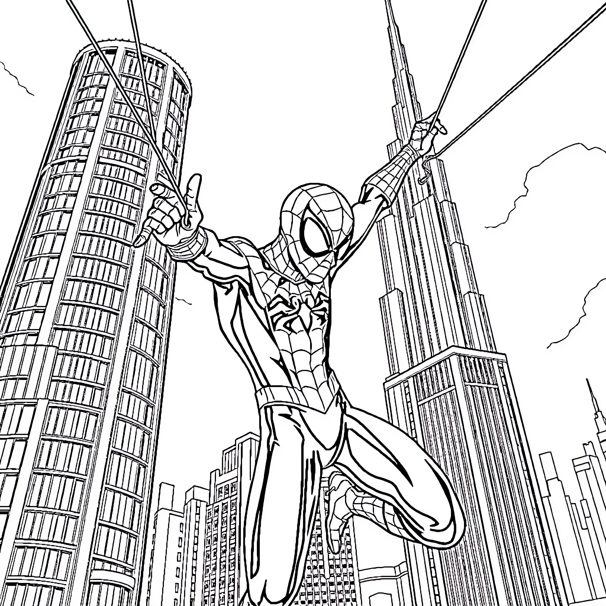 Spiderman swinging through the city skyline Coloring Page (free black-and-white line drawing printable PDF for all, from beginners to advanced learners, including children, teens, adults, and seniors)