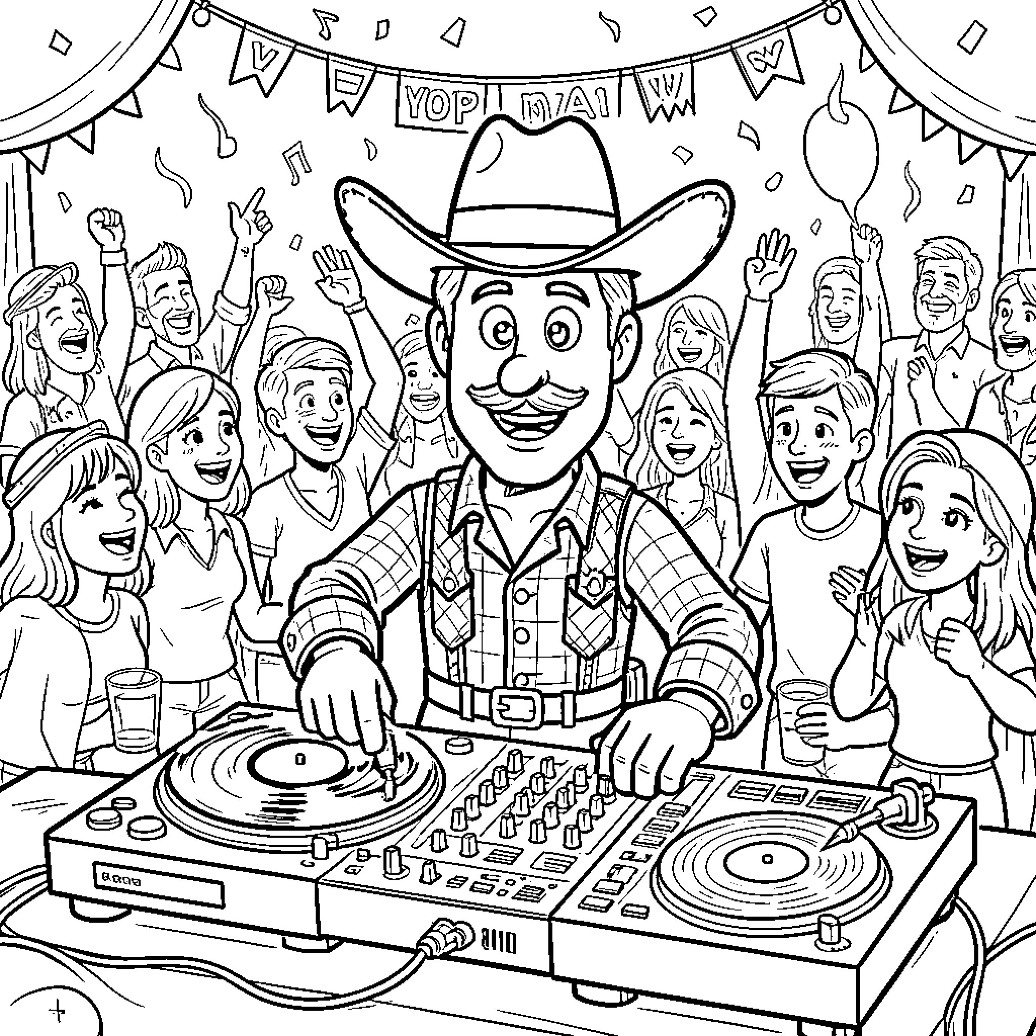 Woody hosting a lively party with music and celebrations Coloring Page (free black-and-white line drawing printable PDF for all, from beginners to advanced learners, including children, teens, adults, and seniors)