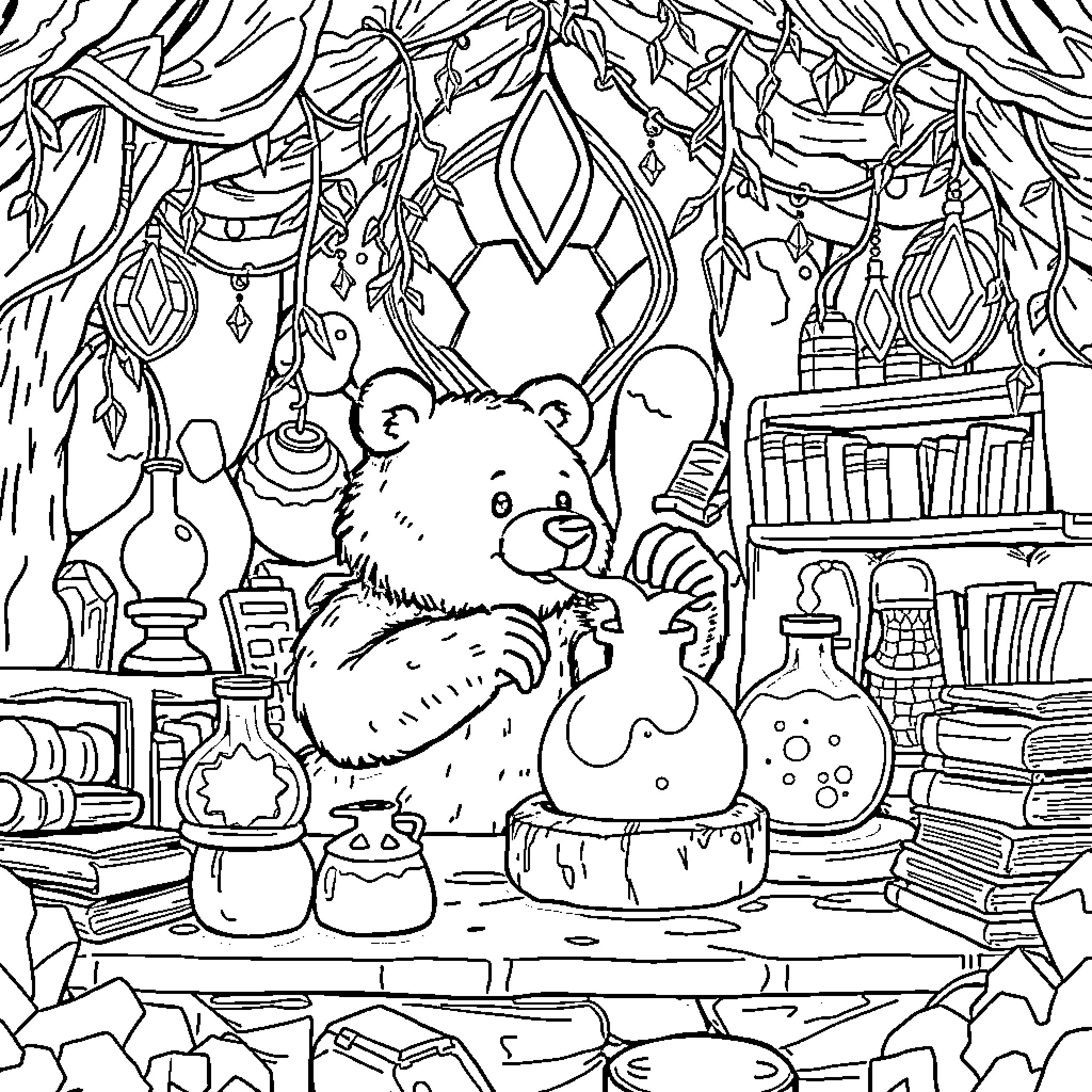 Bear playing in a cozy fantasy study Coloring Page (free black-and-white line drawing printable PDF for all, from beginners to advanced learners, including children, teens, adults, and seniors)