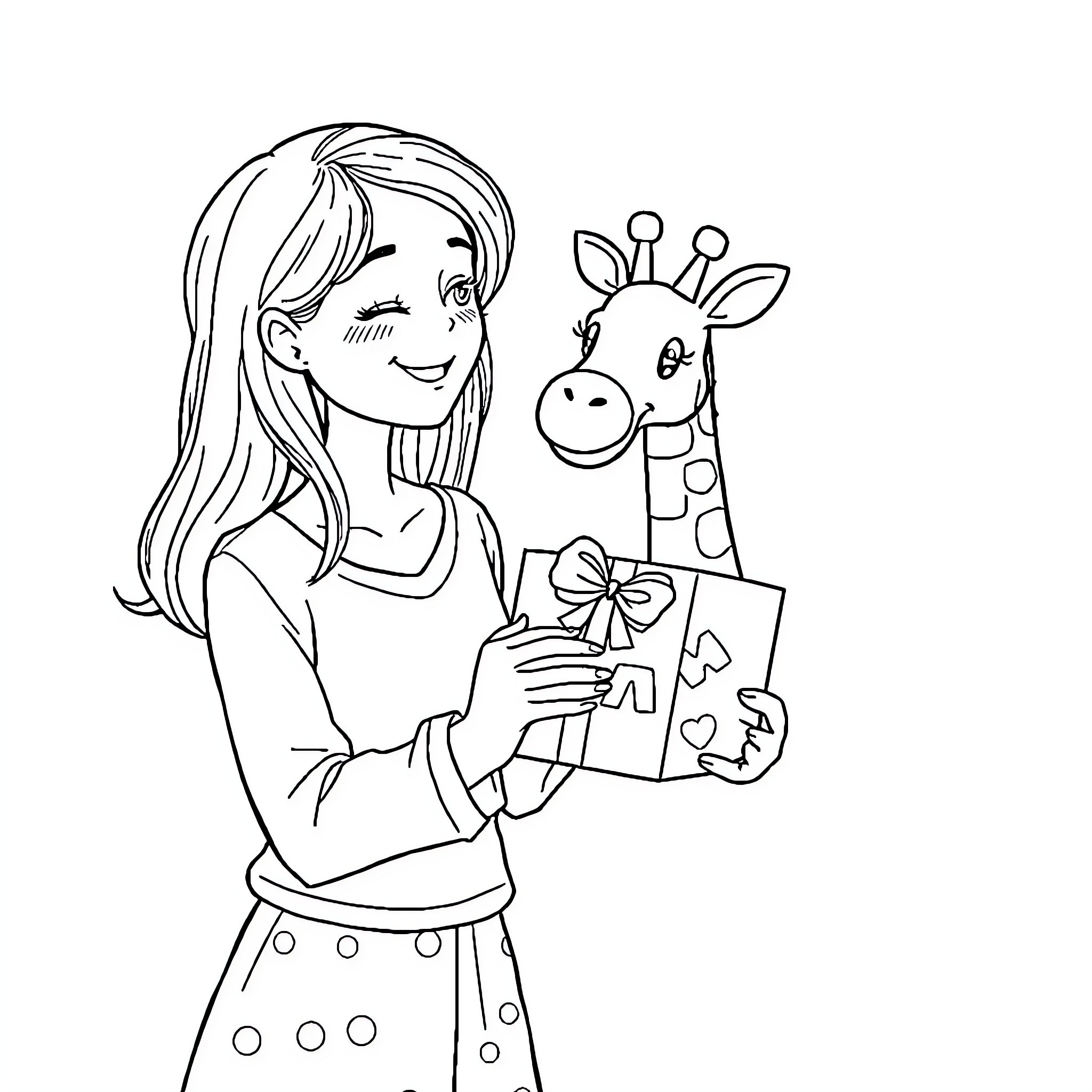 Persona of a Girl Interacting with a Toy Giraffe Coloring Page (free black-and-white line drawing printable PDF for all, from beginners to advanced learners, including children, teens, adults, and seniors)