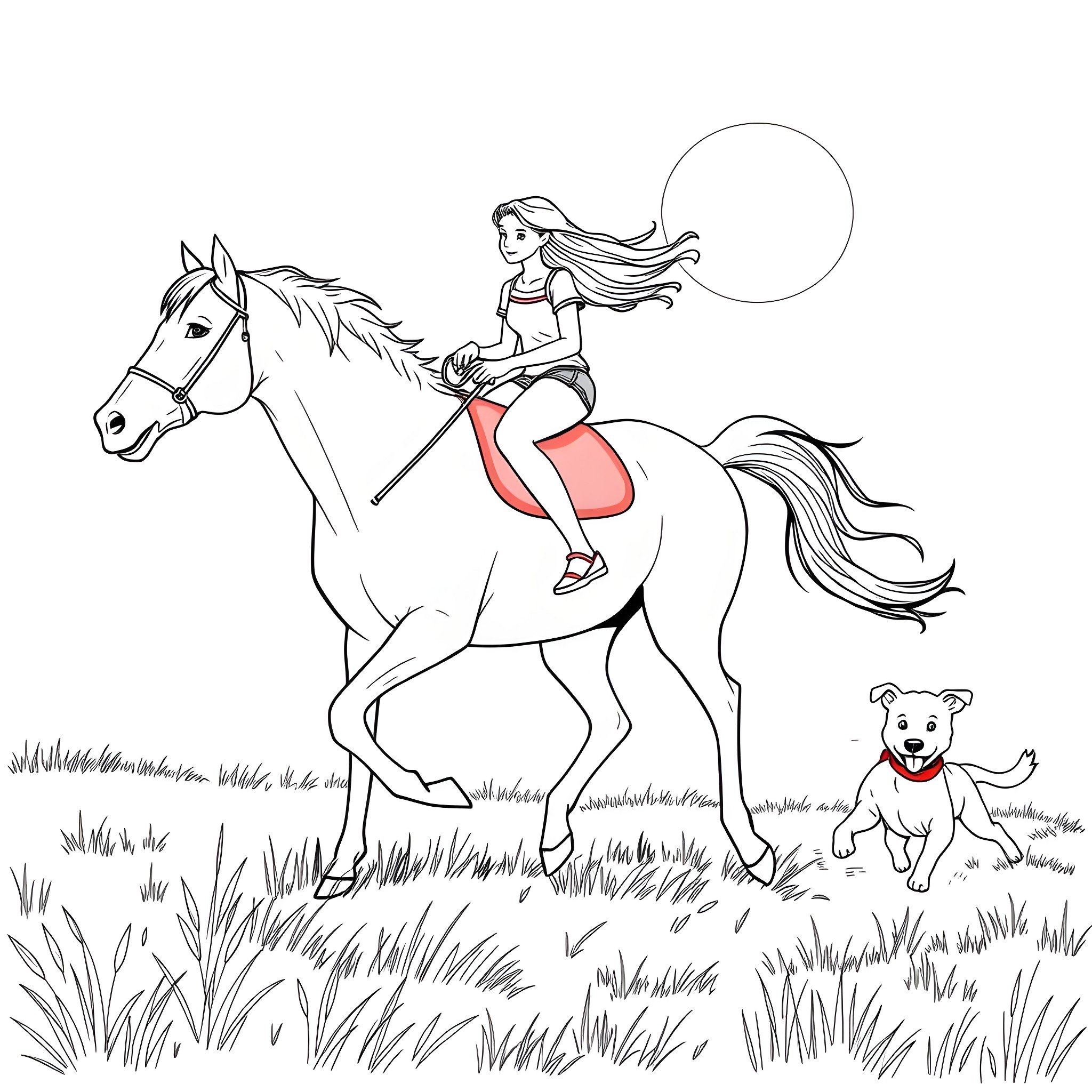 Girl Riding Horse with Companion Dog in Nature Coloring Page (free black-and-white line drawing printable PDF for all, from beginners to advanced learners, including children, teens, adults, and seniors)