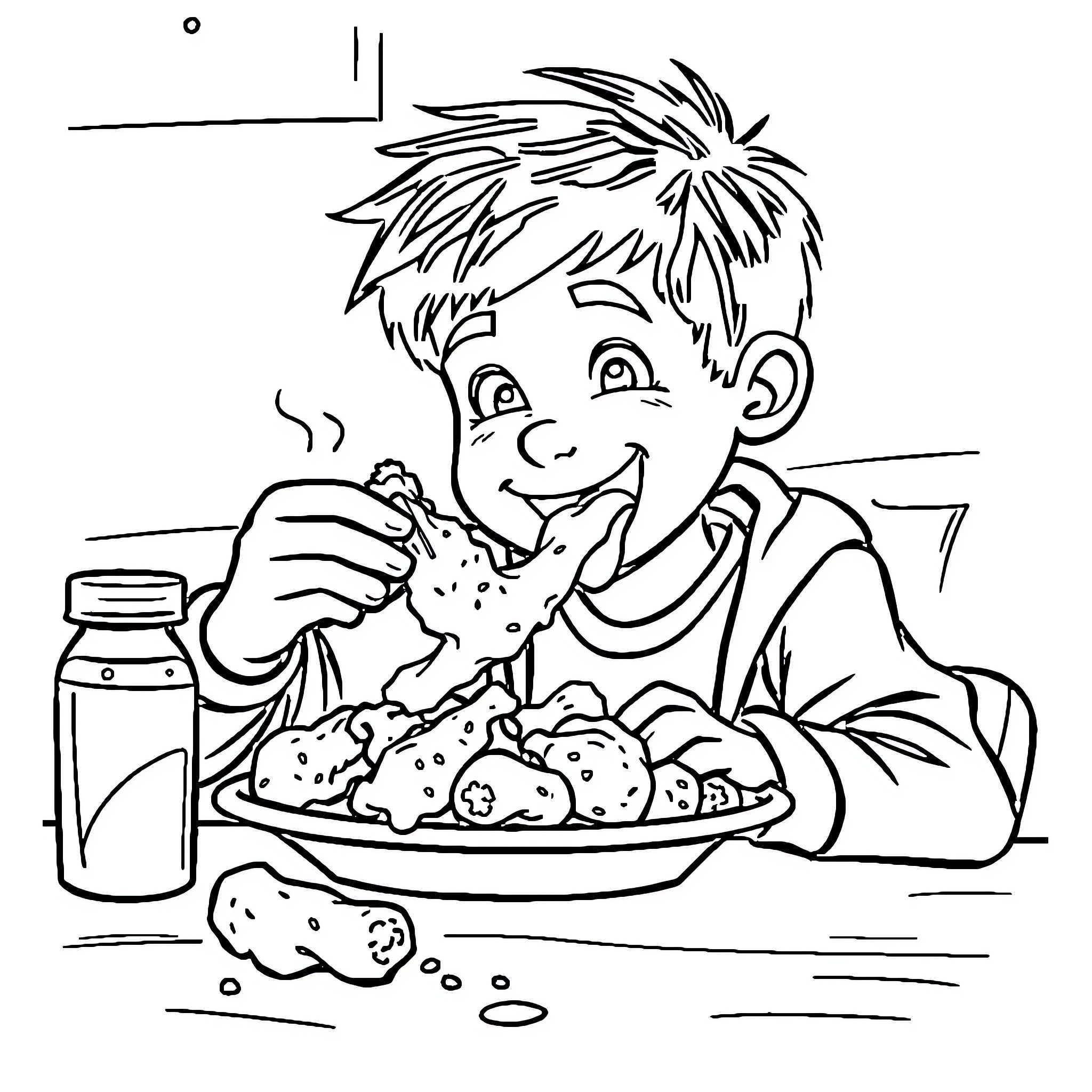 Boy enjoying a hearty meal at the table Coloring Page (free black-and-white line drawing printable PDF for all, from beginners to advanced learners, including children, teens, adults, and seniors)