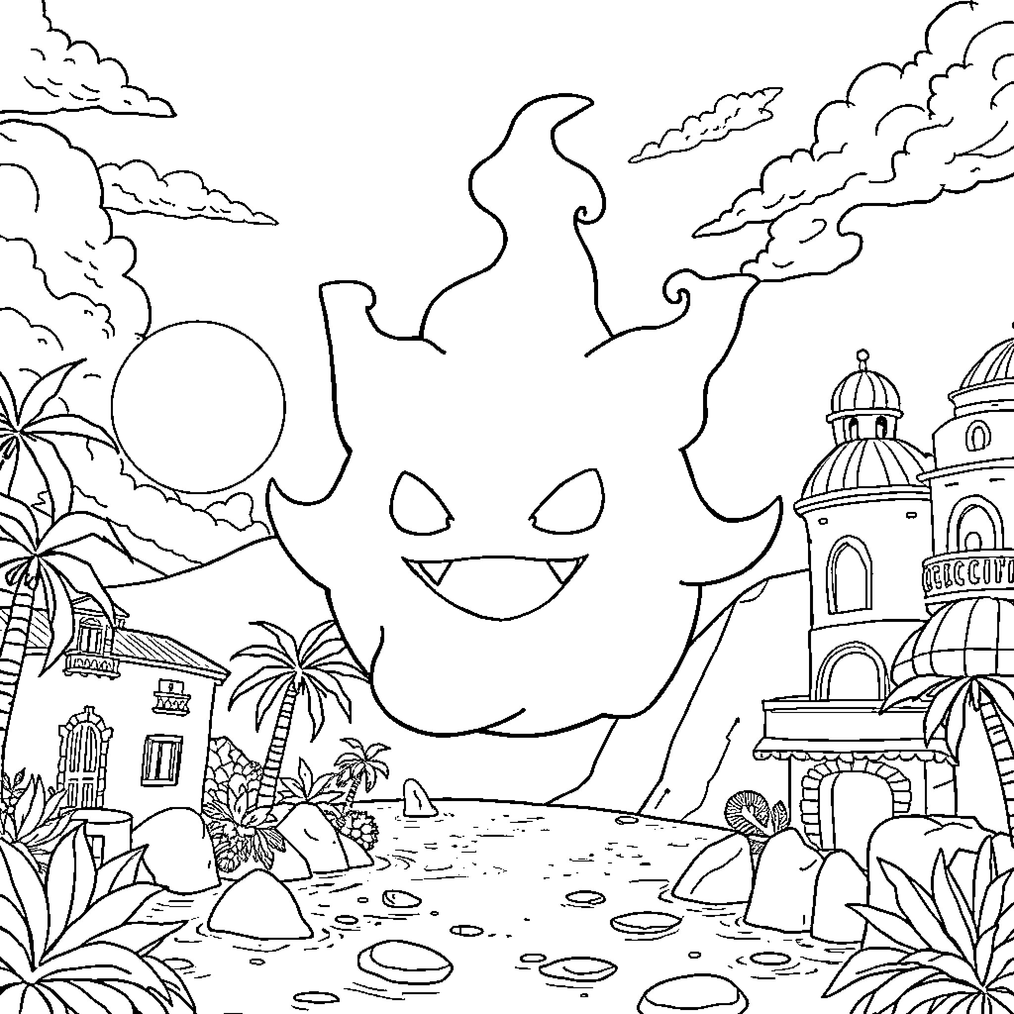 Spiritomb exploring the tropical landscape Coloring Page (free black-and-white line drawing printable PDF for all, from beginners to advanced learners, including children, teens, adults, and seniors)