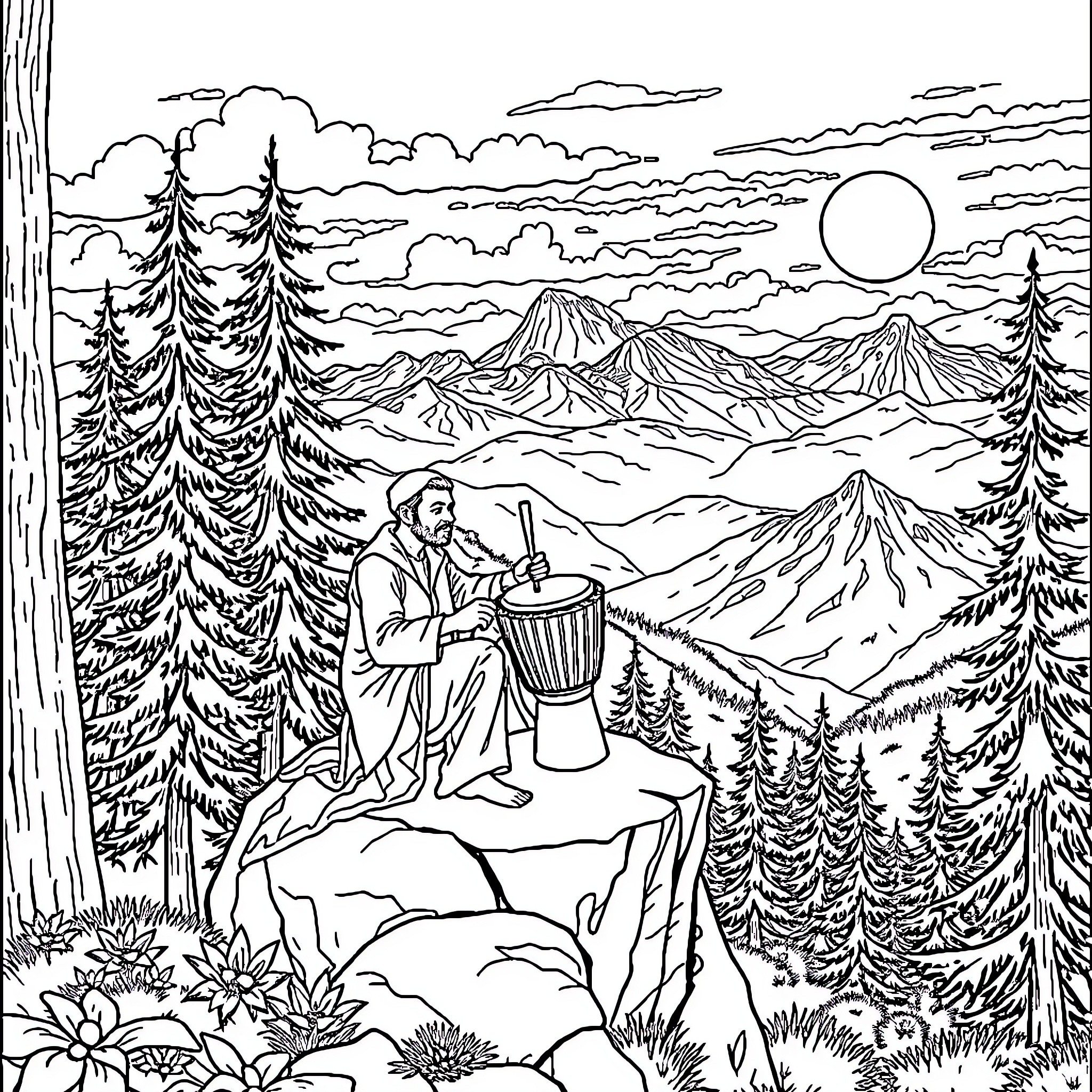 SRAM Shaman Drums in Mystical Mountain Landscape Coloring Page (free black-and-white line drawing printable PDF for all, from beginners to advanced learners, including children, teens, adults, and seniors)