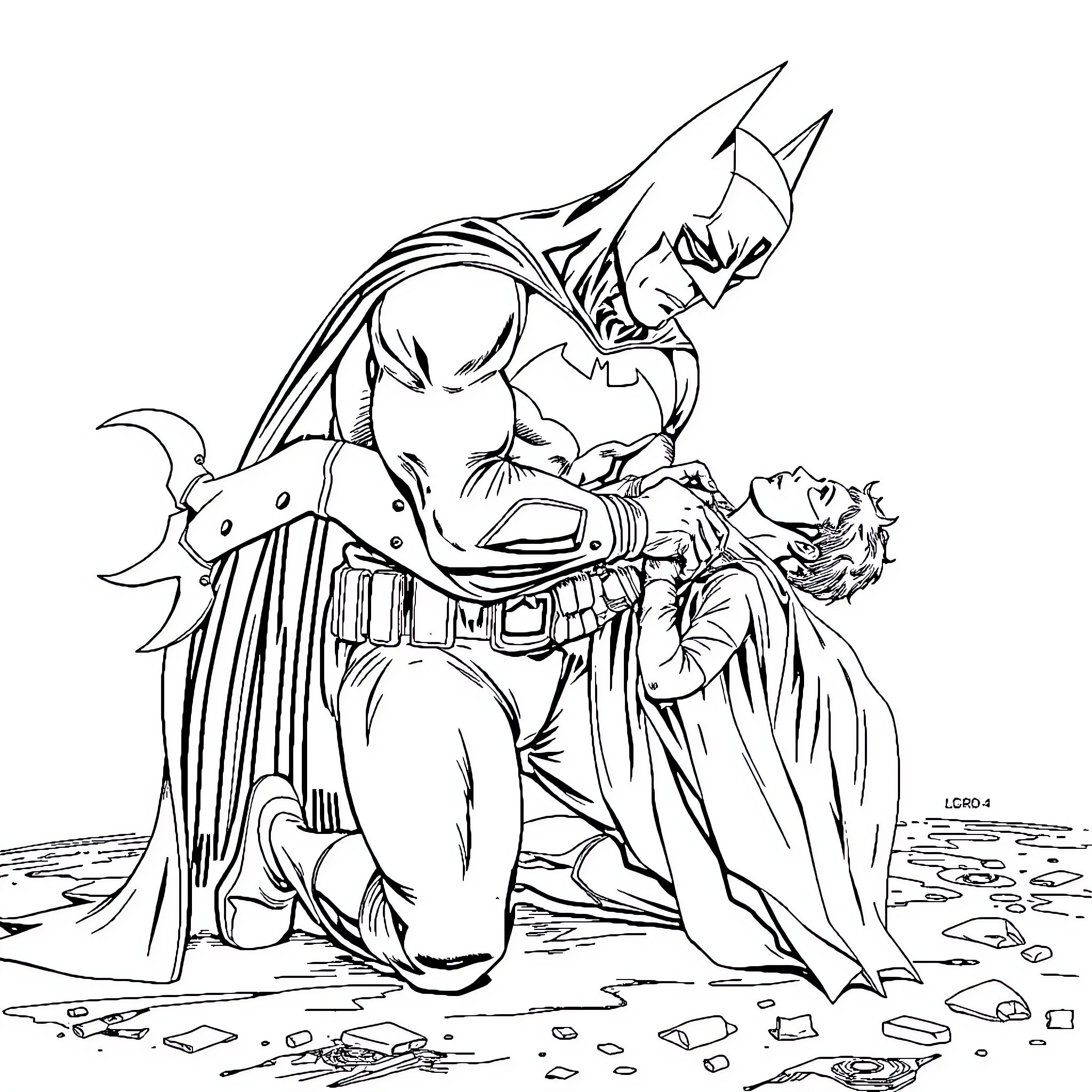 Batman protecting an injured person in the dark Coloring Page (free black-and-white line drawing printable PDF for all, from beginners to advanced learners, including children, teens, adults, and seniors)