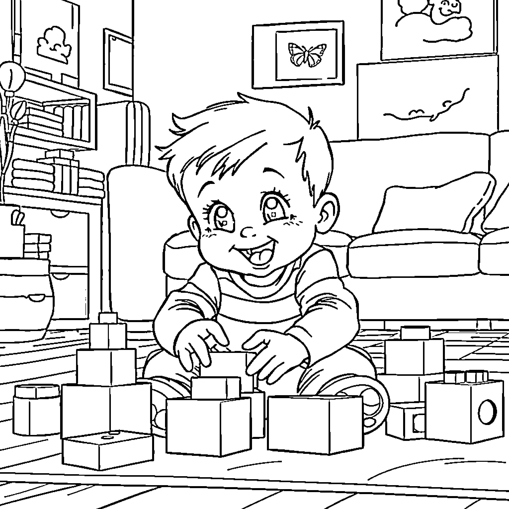 Jack Jack playing happily with blocks in the room Coloring Page (free black-and-white line drawing printable PDF for all, from beginners to advanced learners, including children, teens, adults, and seniors)