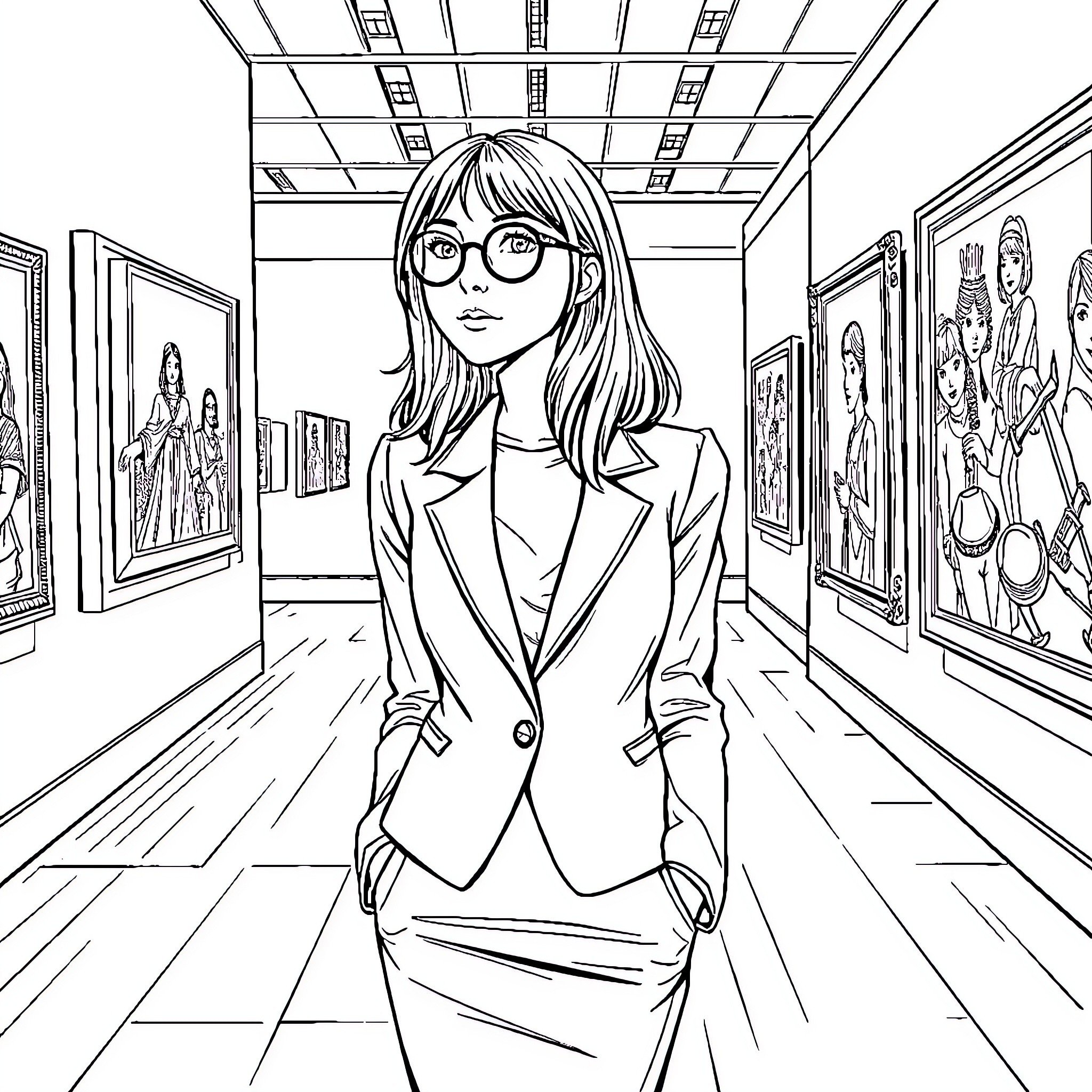 Girl in the museum admiring the artwork Coloring Page (free black-and-white line drawing printable PDF for all, from beginners to advanced learners, including children, teens, adults, and seniors)