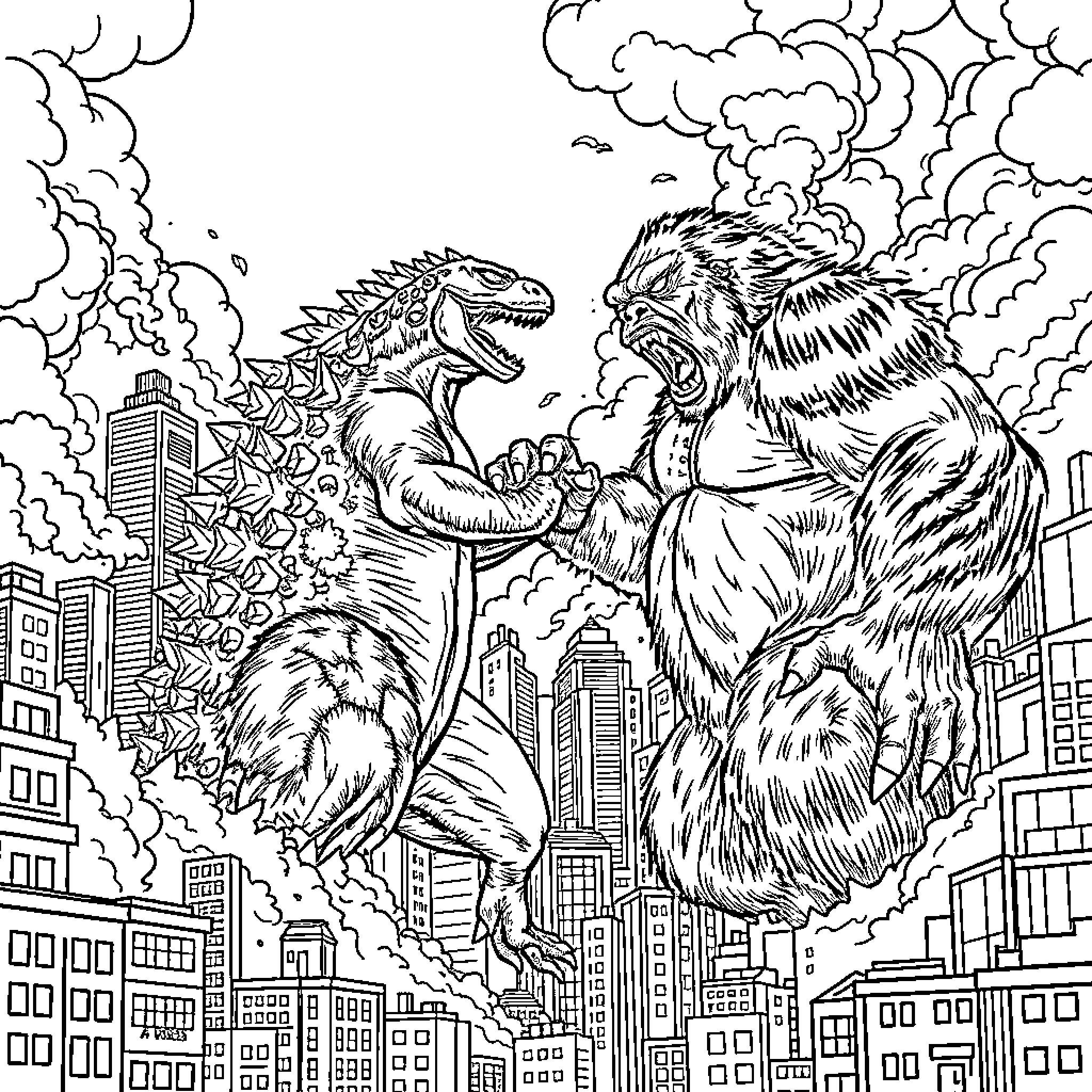 Godzilla and the giant beast battle over the city Coloring Page (free black-and-white line drawing printable PDF for all, from beginners to advanced learners, including children, teens, adults, and seniors)