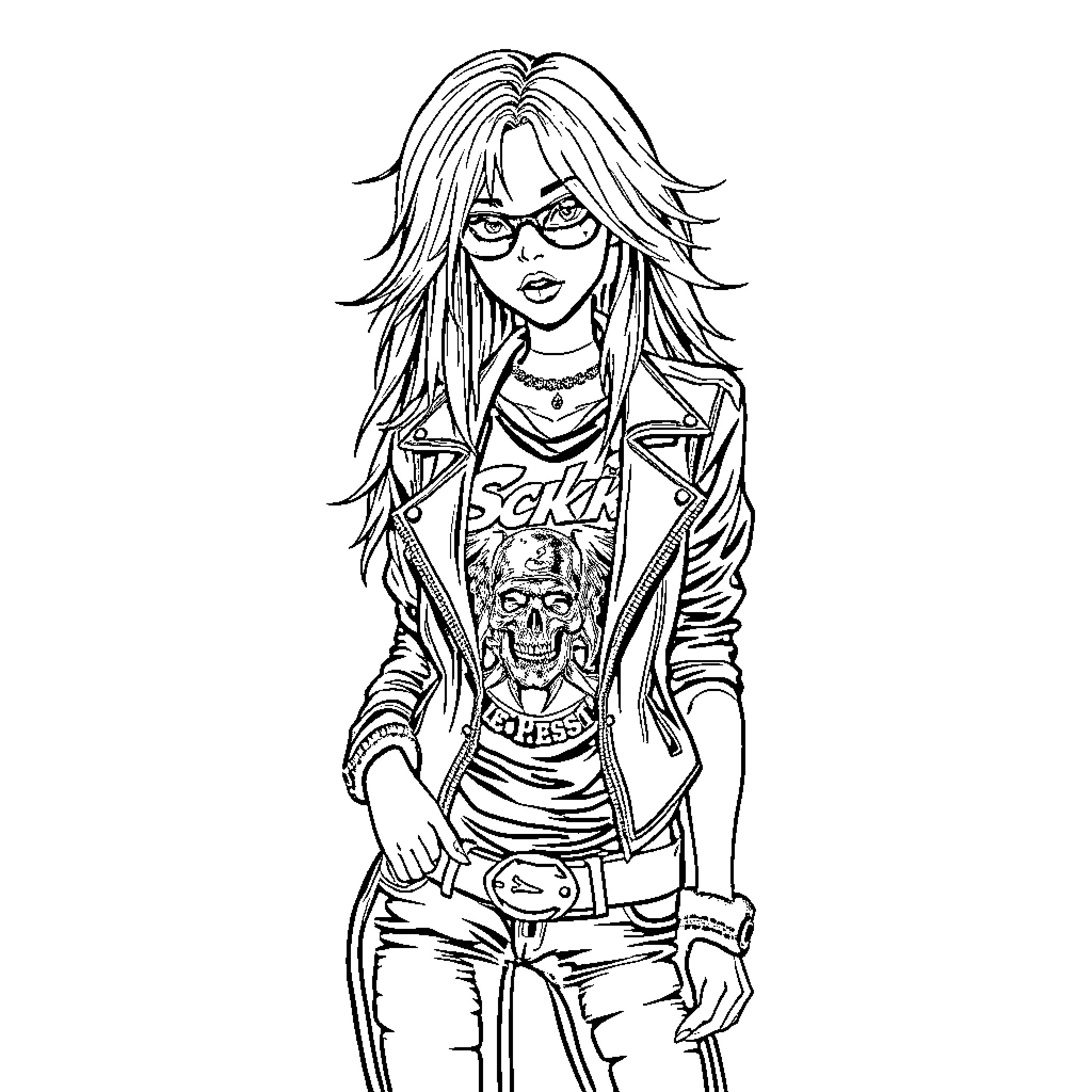 Metal Chick Rocking Her Fierce Style Coloring Page (free black-and-white line drawing printable PDF for all, from beginners to advanced learners, including children, teens, adults, and seniors)