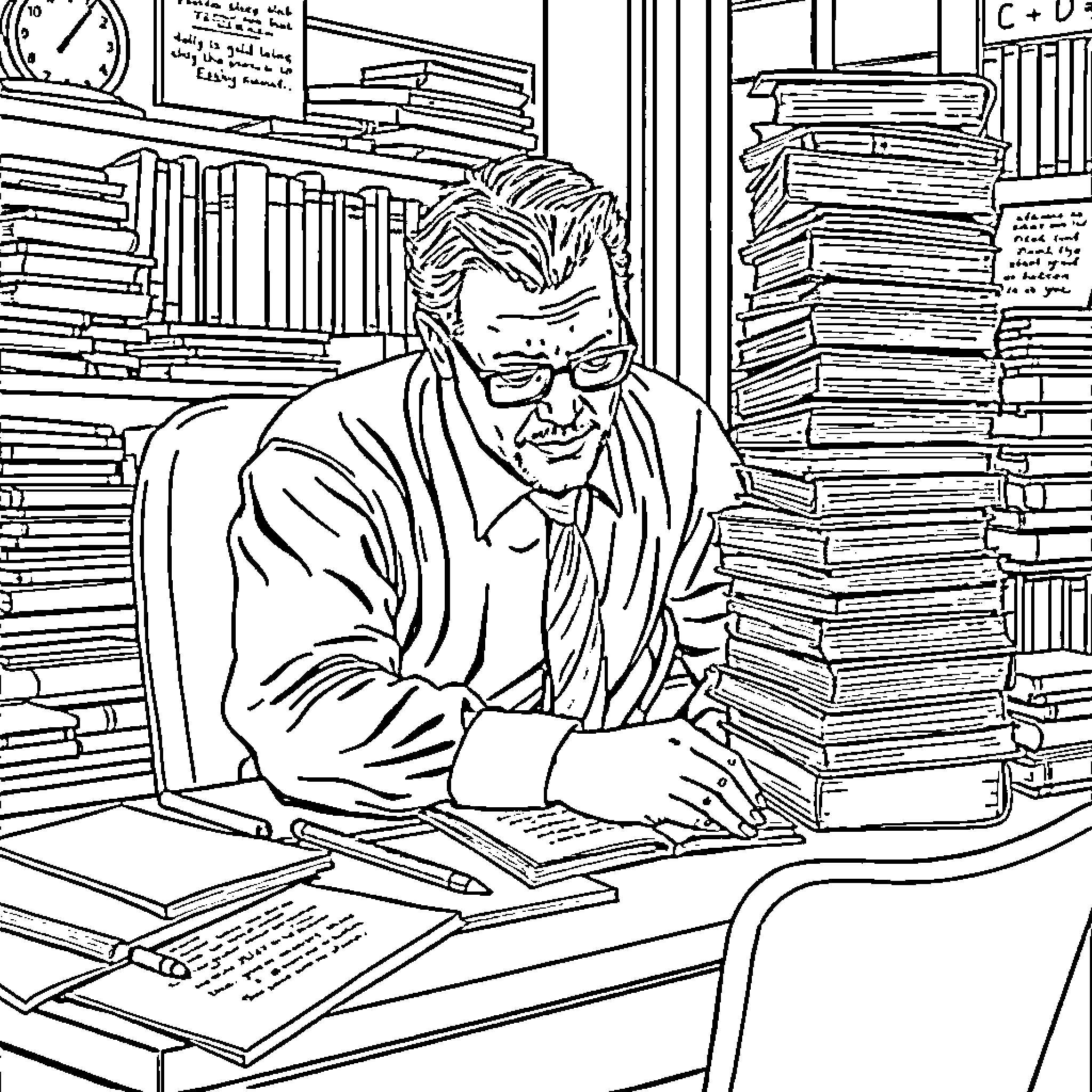 Professor Engrossed in Work at Cluttered Desk Coloring Page (free black-and-white line drawing printable PDF for all, from beginners to advanced learners, including children, teens, adults, and seniors)