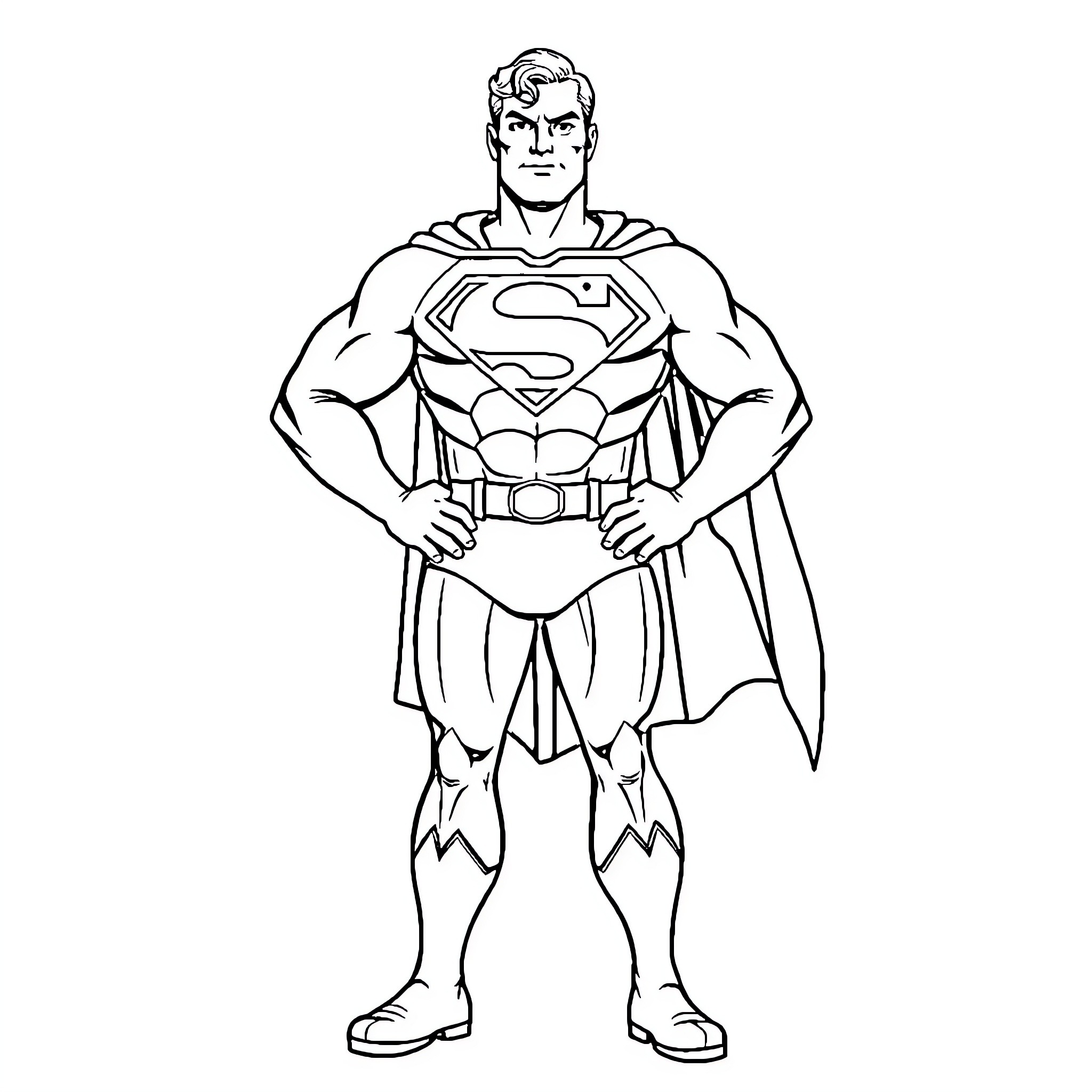 Superman in heroic stance with iconic costume Coloring Page (free black-and-white line drawing printable PDF for all, from beginners to advanced learners, including children, teens, adults, and seniors)