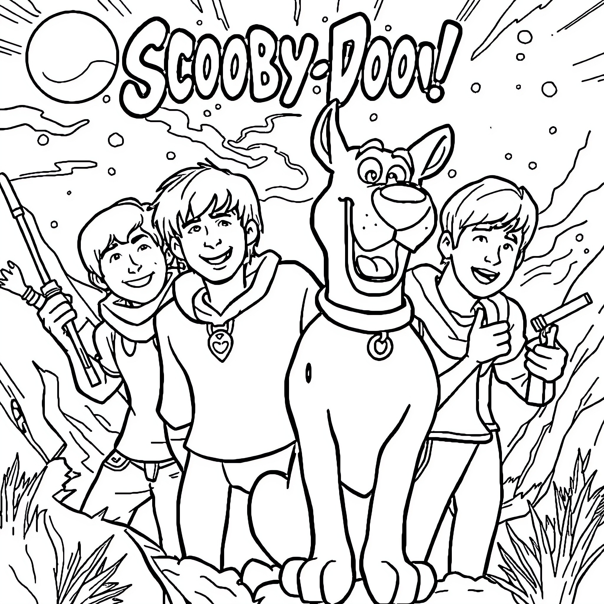 Scooby Doo and friends exploring the wilderness Coloring Page (free black-and-white line drawing printable PDF for all, from beginners to advanced learners, including children, teens, adults, and seniors)