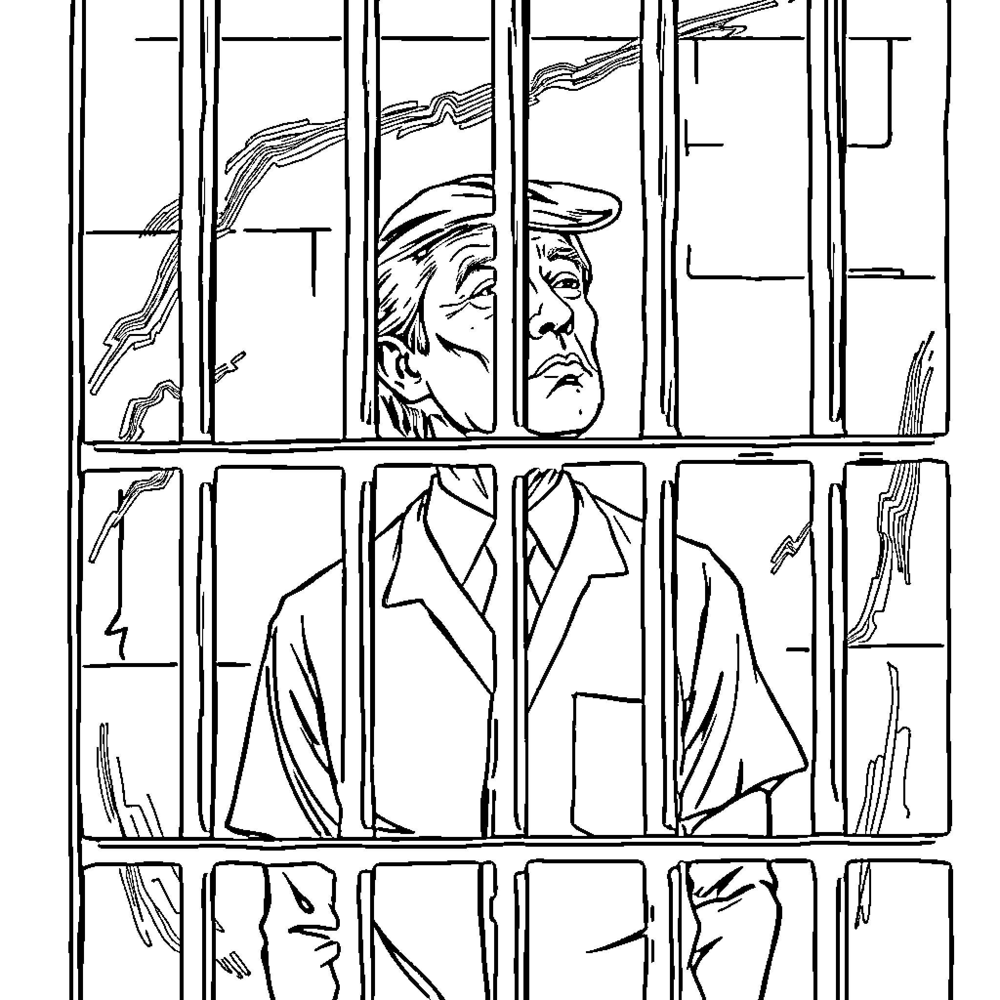 POTUS behind bars with disheveled appearance Coloring Page (free black-and-white line drawing printable PDF for all, from beginners to advanced learners, including children, teens, adults, and seniors)