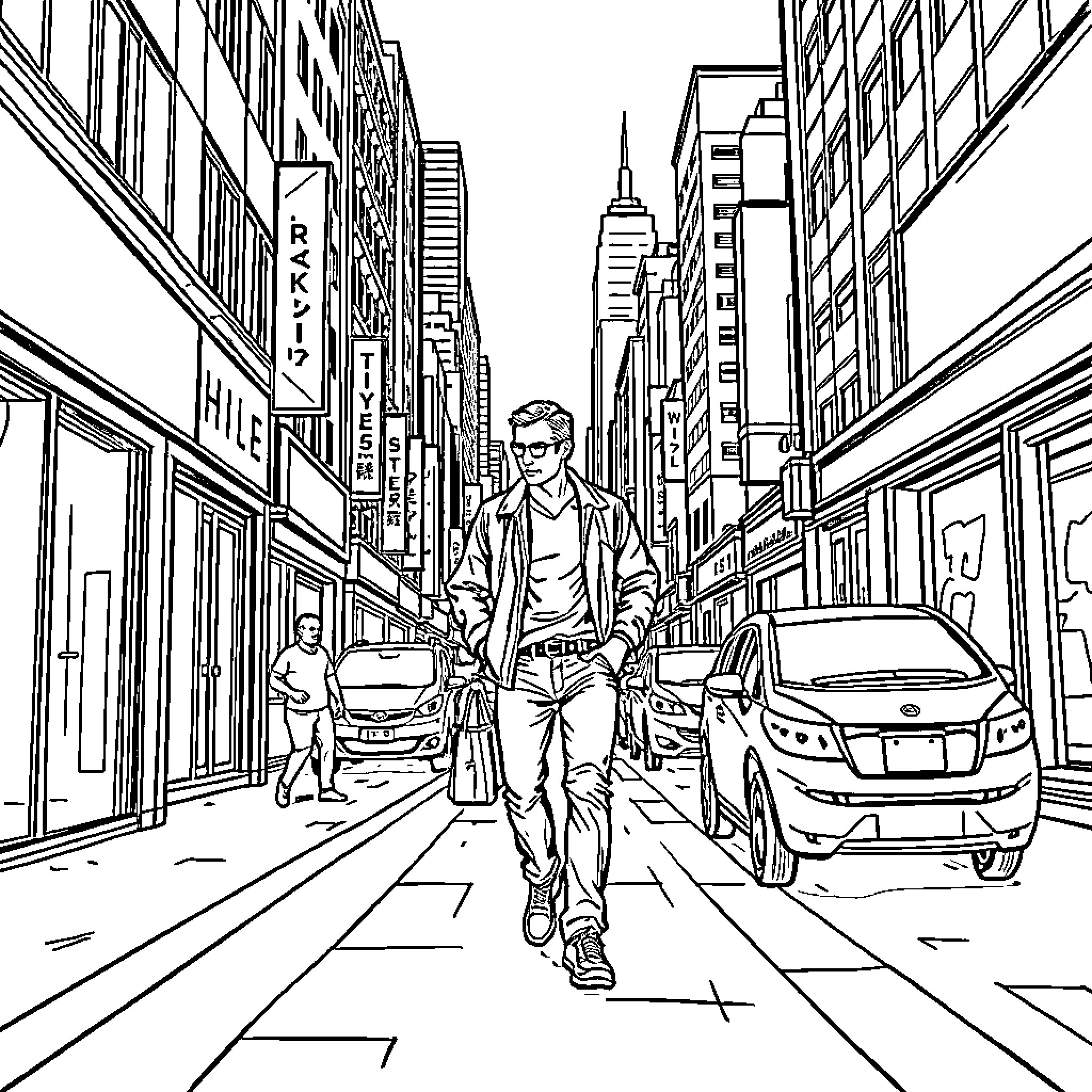 Man walking through busy city streets Coloring Page (free black-and-white line drawing printable PDF for all, from beginners to advanced learners, including children, teens, adults, and seniors)