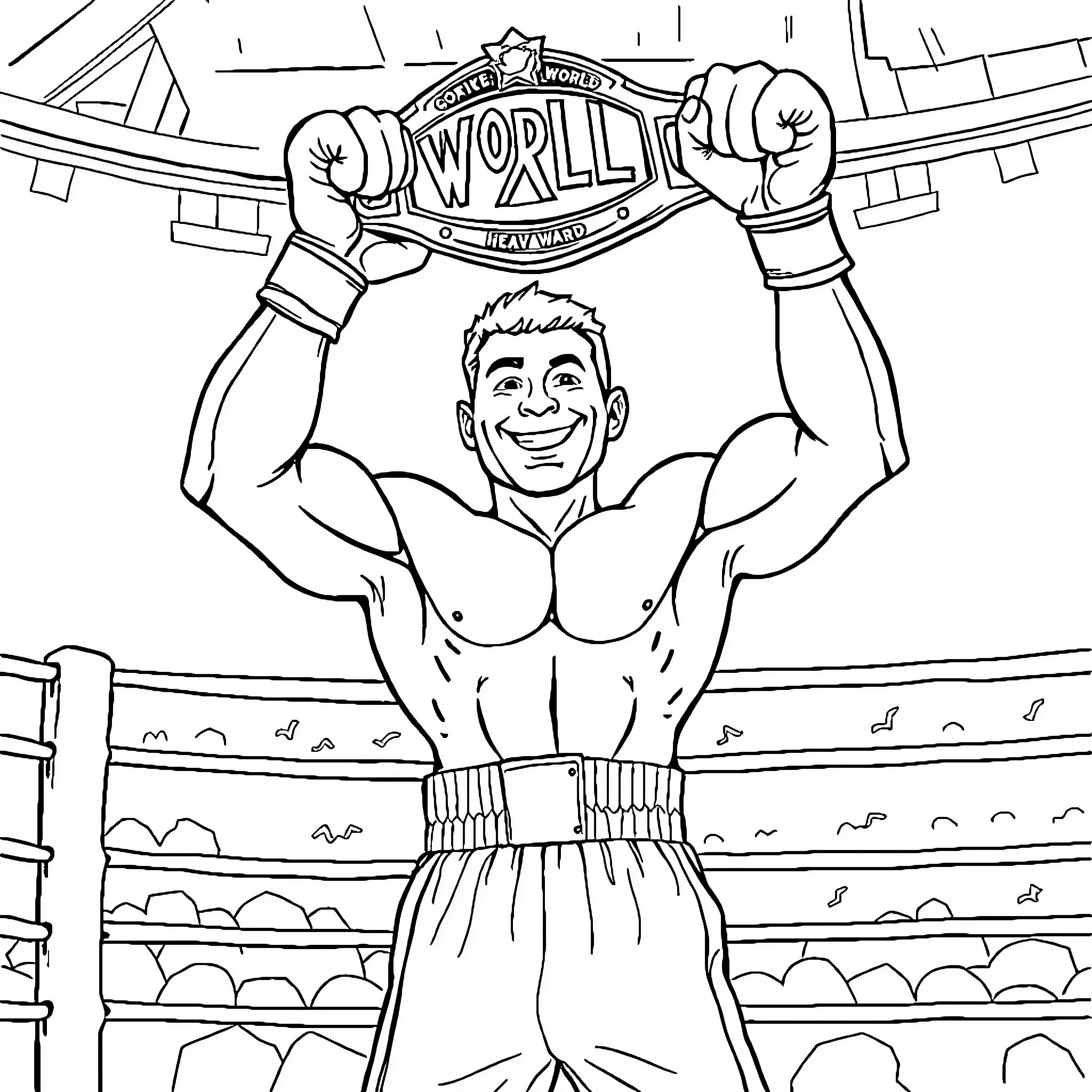 Boxer Celebrating Championship Victory in the Ring Coloring Page (free black-and-white line drawing printable PDF for all, from beginners to advanced learners, including children, teens, adults, and seniors)