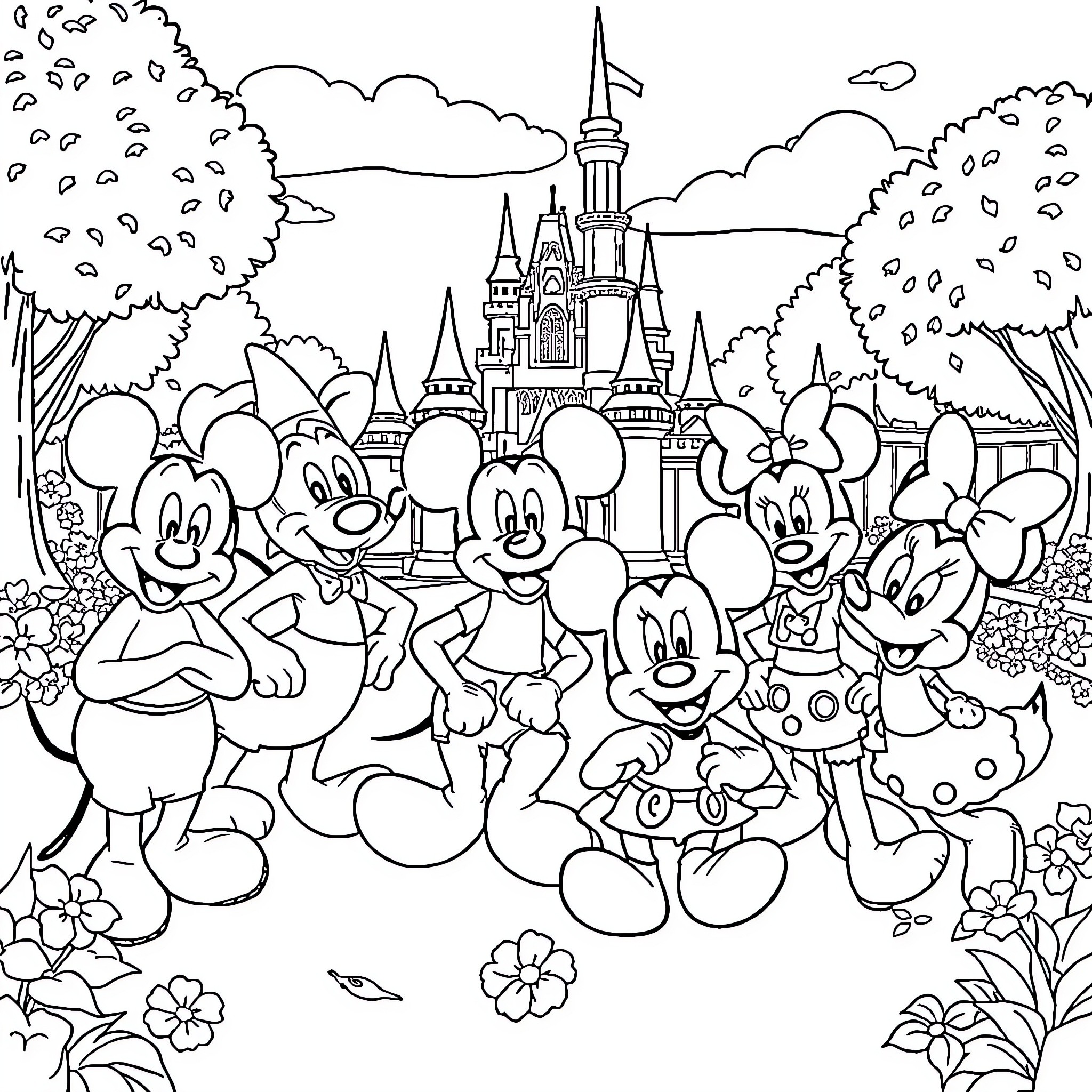 Disney Characters Celebrating at the Castle Coloring Page (free black-and-white line drawing printable PDF for all, from beginners to advanced learners, including children, teens, adults, and seniors)