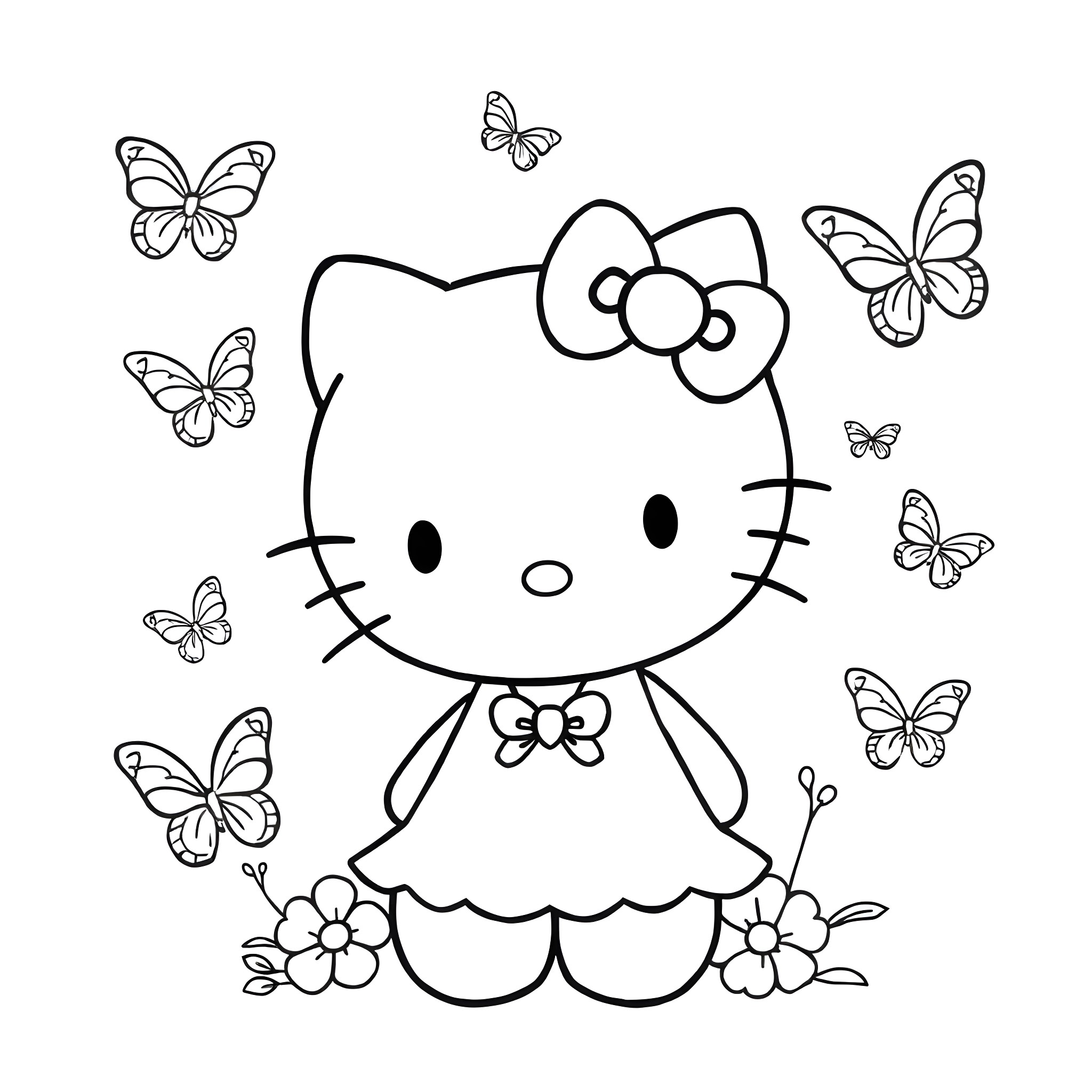 Hello Kitty playing with butterflies Coloring Page (free black-and-white line drawing printable PDF for all, from beginners to advanced learners, including children, teens, adults, and seniors)